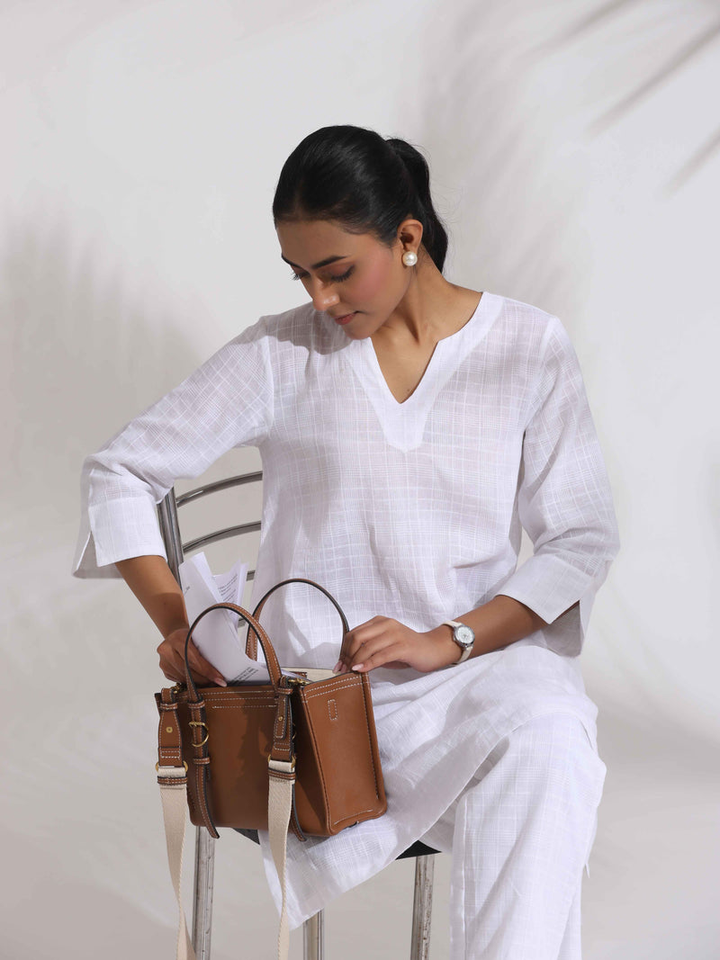 trueBrowns White Cotton Check Kurta Co-ord Set