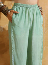 trueBrowns Mint Green Muslin Silk High-Slit Kurta Pant Set