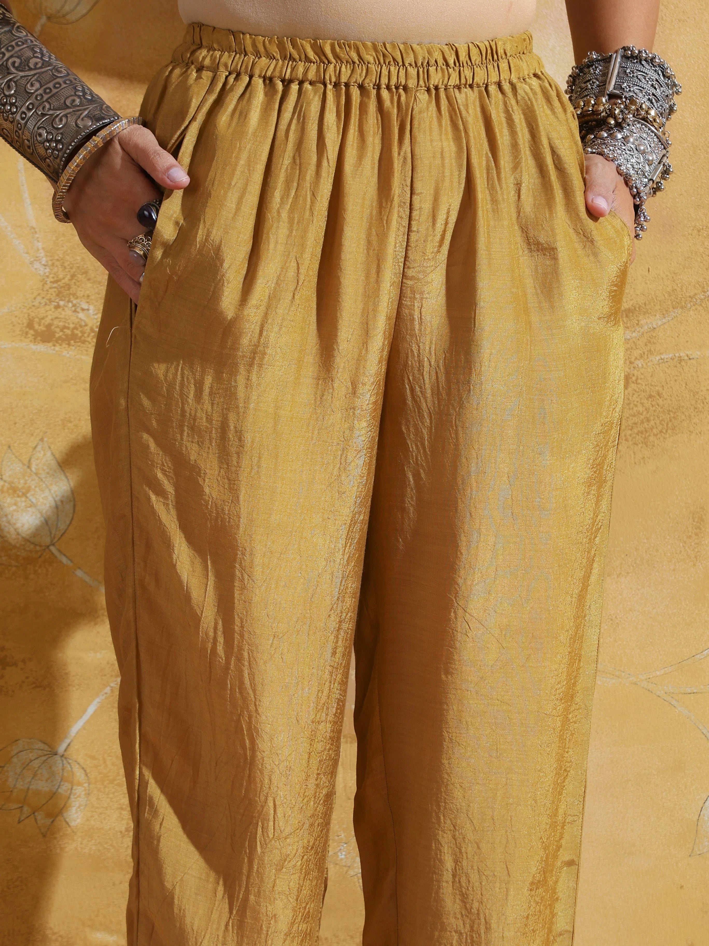 trueBrowns Red Mustard Jaal Print Muslin Silk Anarkali Kurta Set