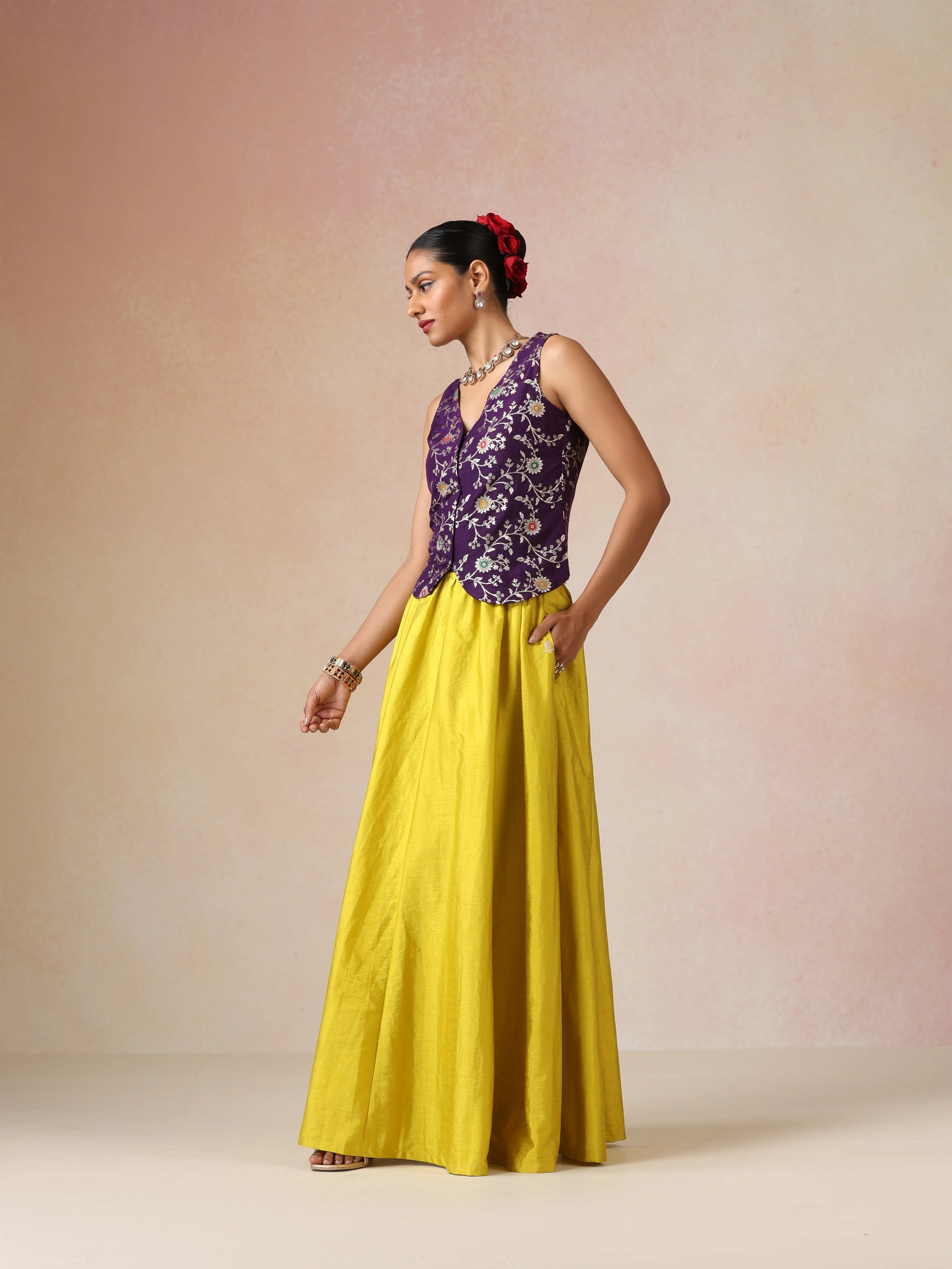 trueBrowns Purple Brocade Jacket Skirt Co-ord Set