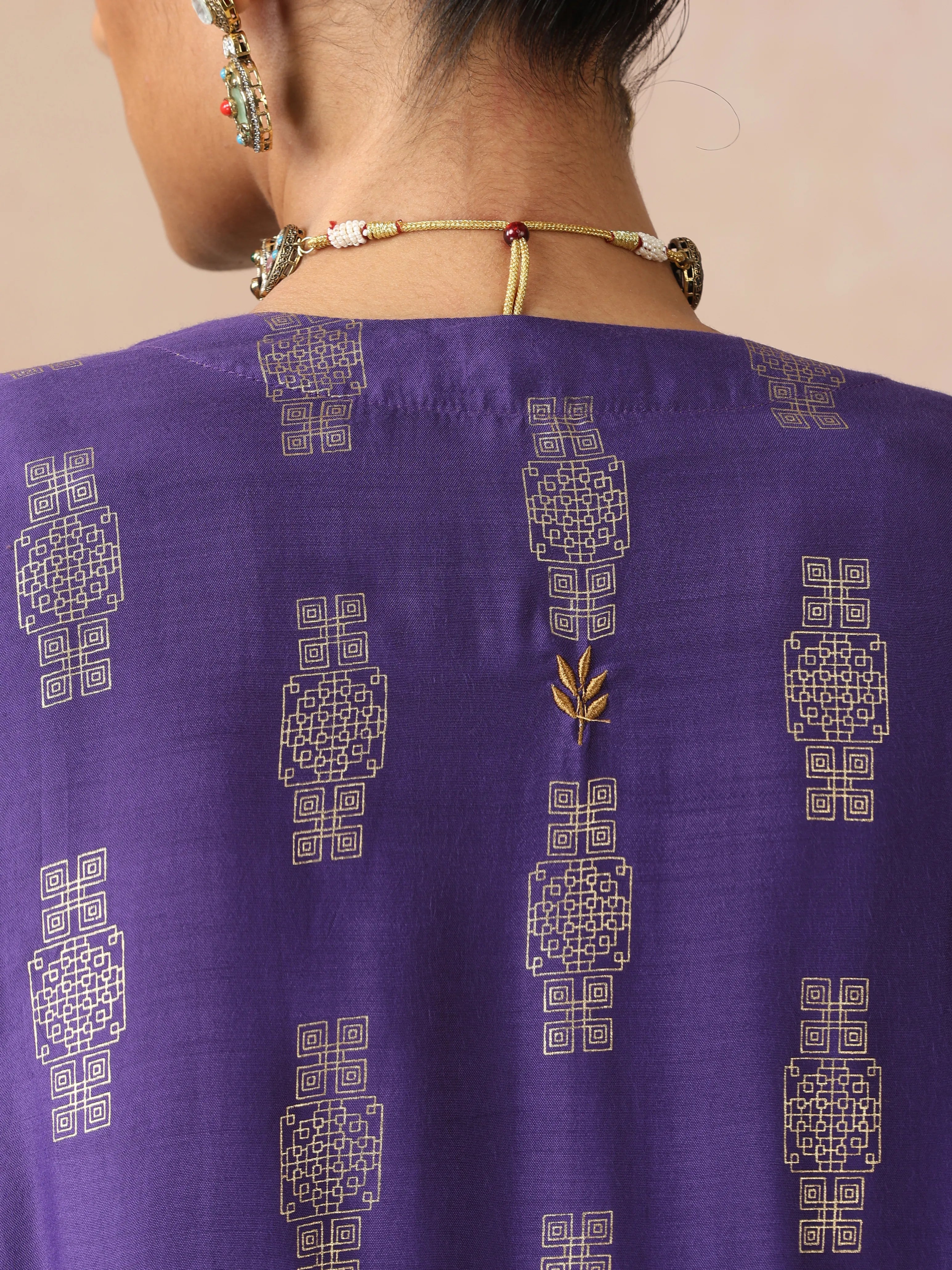 trueBrowns Mustard and Purple Gold Foil Print Muslin Silk Jacket Set