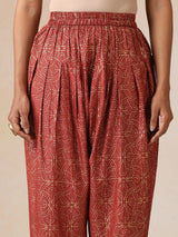 trueBrowns Mustard Gold Foil Print Muslin Silk Kurta Farsi Pants Set