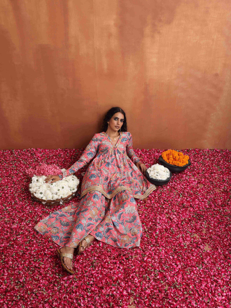 trueBrowns Orange Print Sharara Set