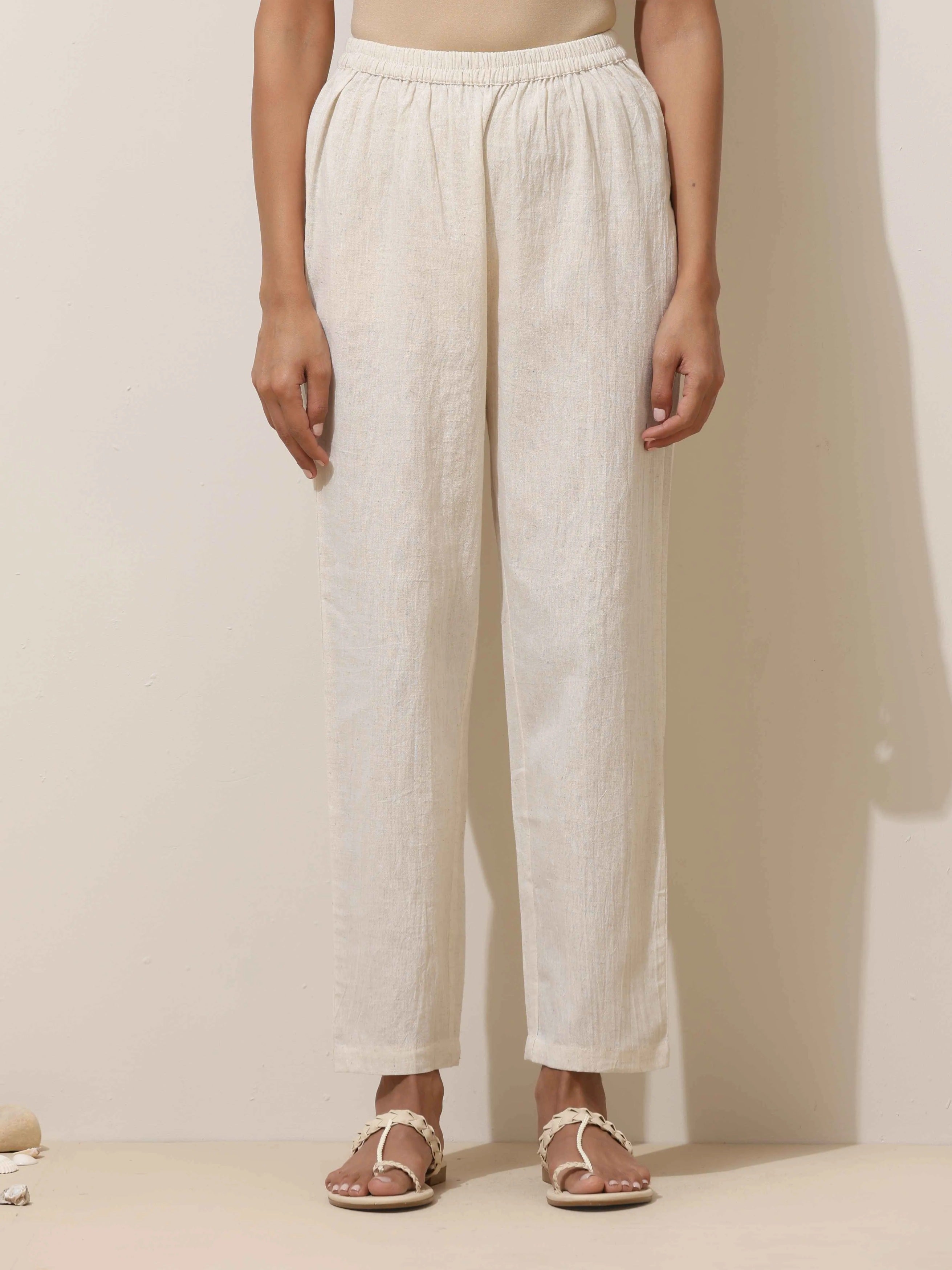 trueBrowns Off-White Cotton Linen Kurta Pant Set