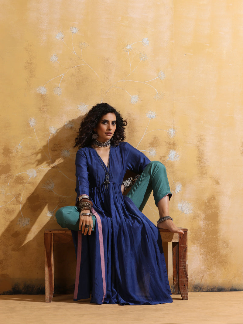 trueBrowns Blue Muslin Silk Anarkali Kurta Pant Set