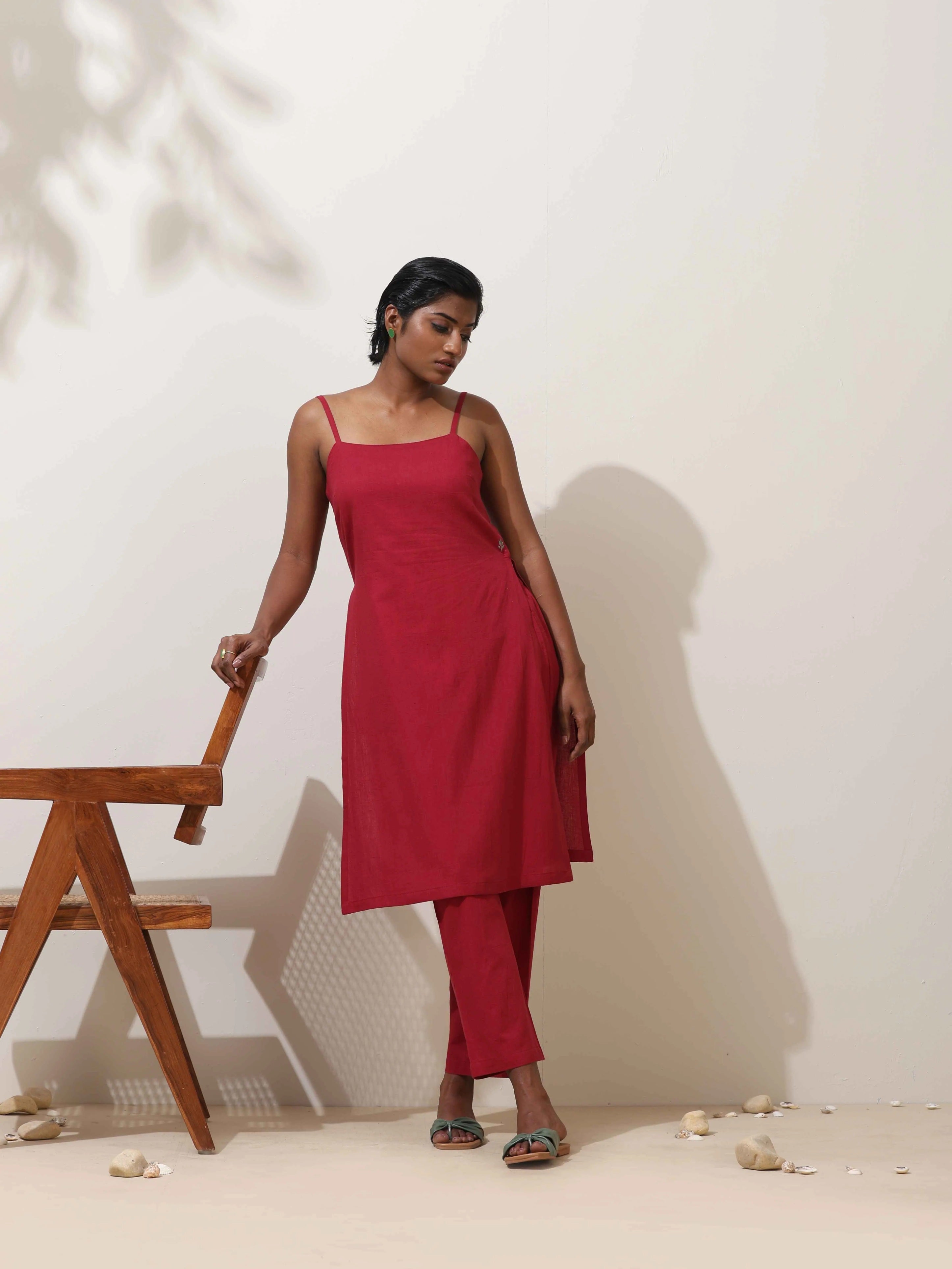 trueBrowns Maroon Cotton Linen Kurta Co-Ord Set