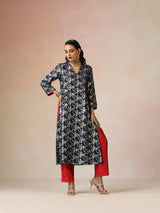 trueBrowns Blue Brocade Straight High-Slit Kurta Set
