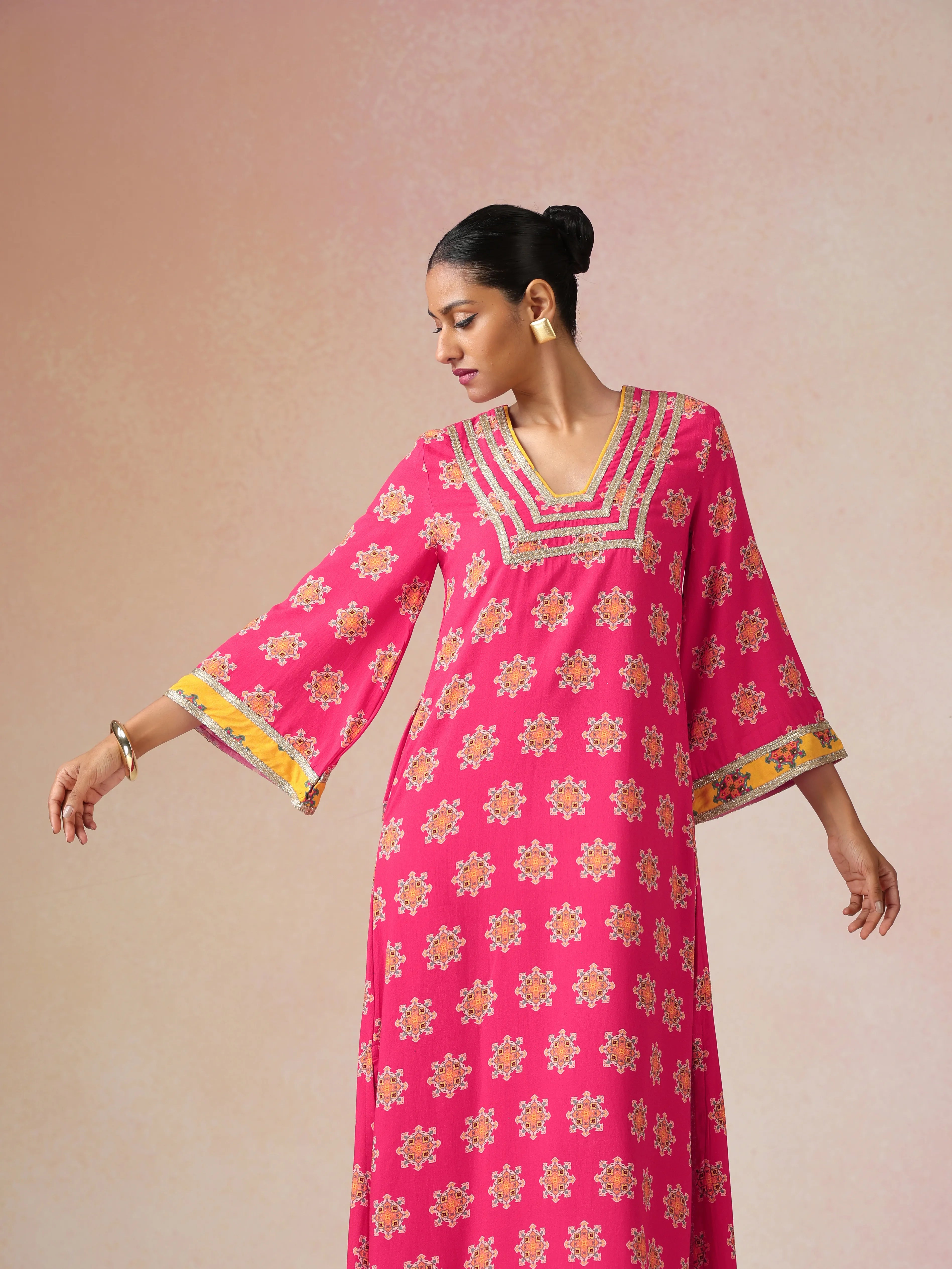 trueBrowns Pink Boota Print Viscose Straight Maxi Dress