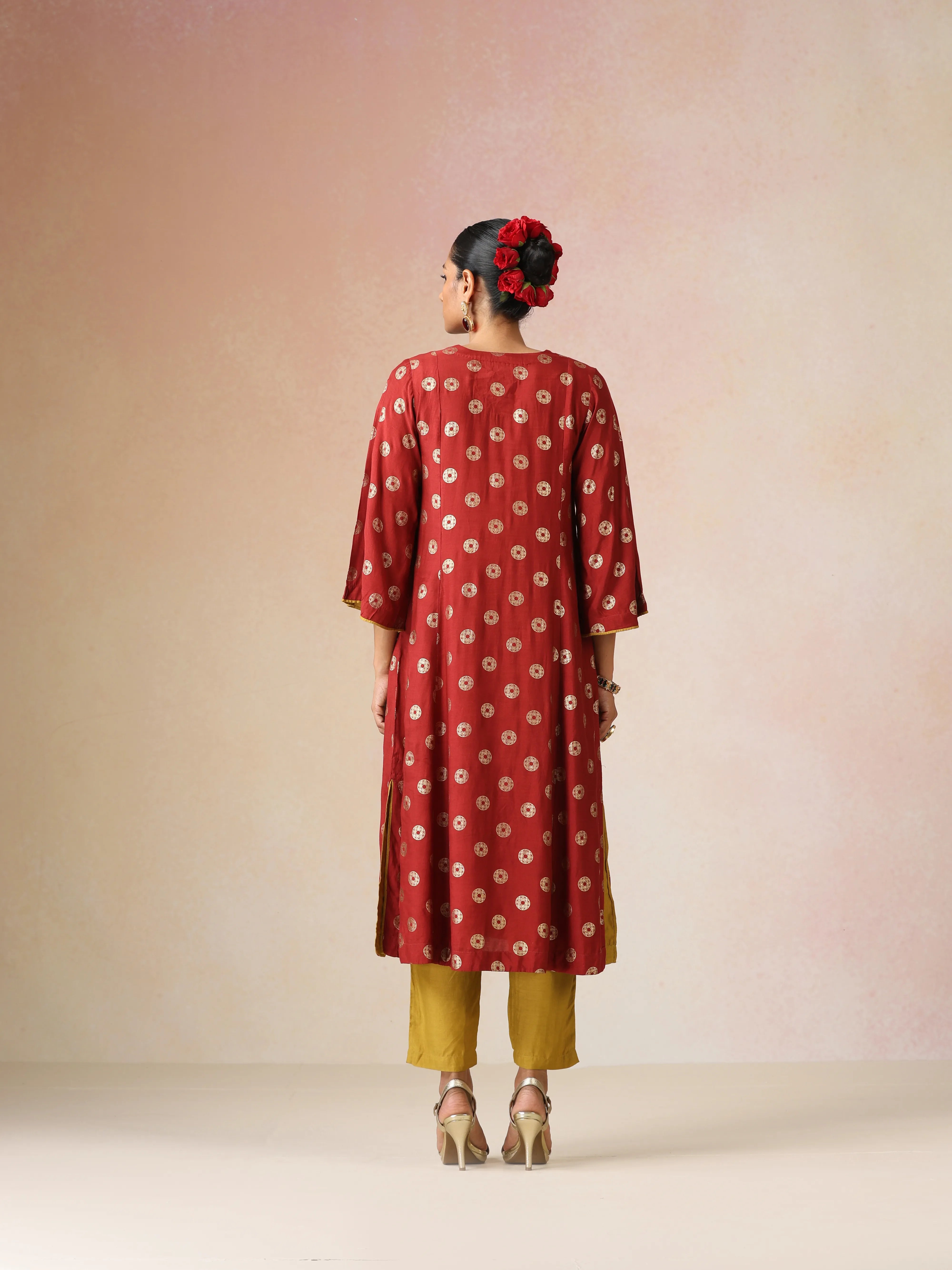trueBrowns Red Gold Foil Print Muslin Silk A-line Kurta Set