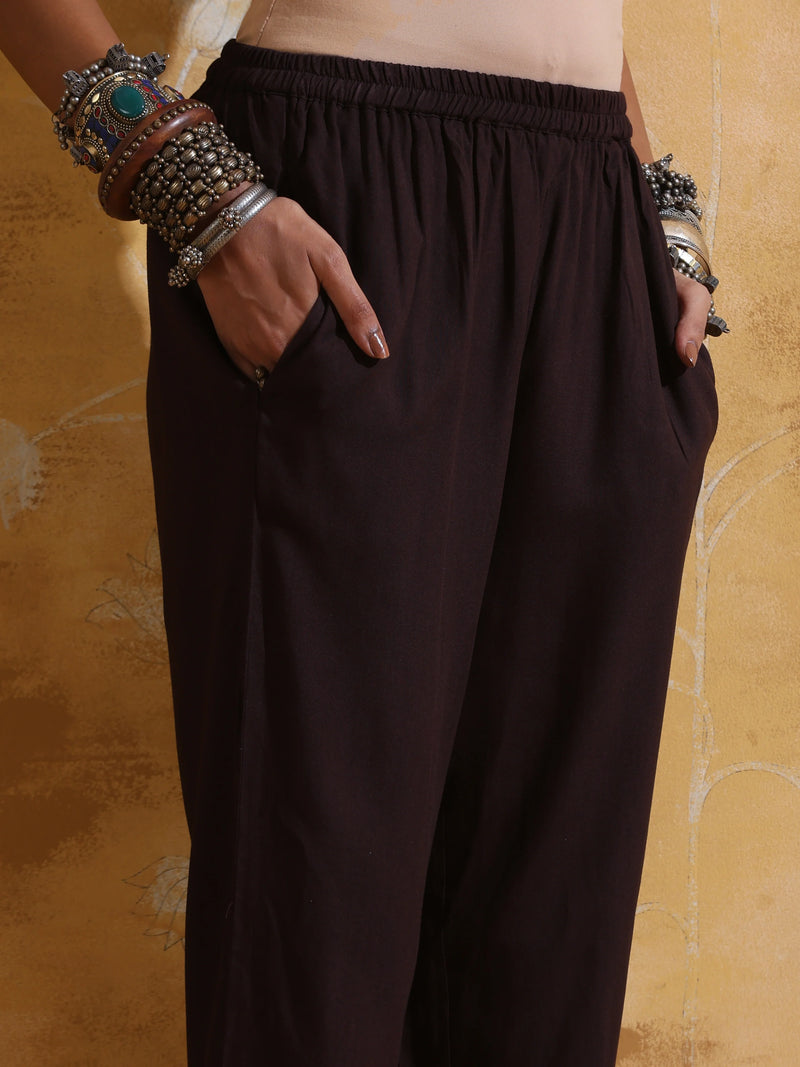 trueBrowns Brown Metallic High-Slit Straight Kurta Set