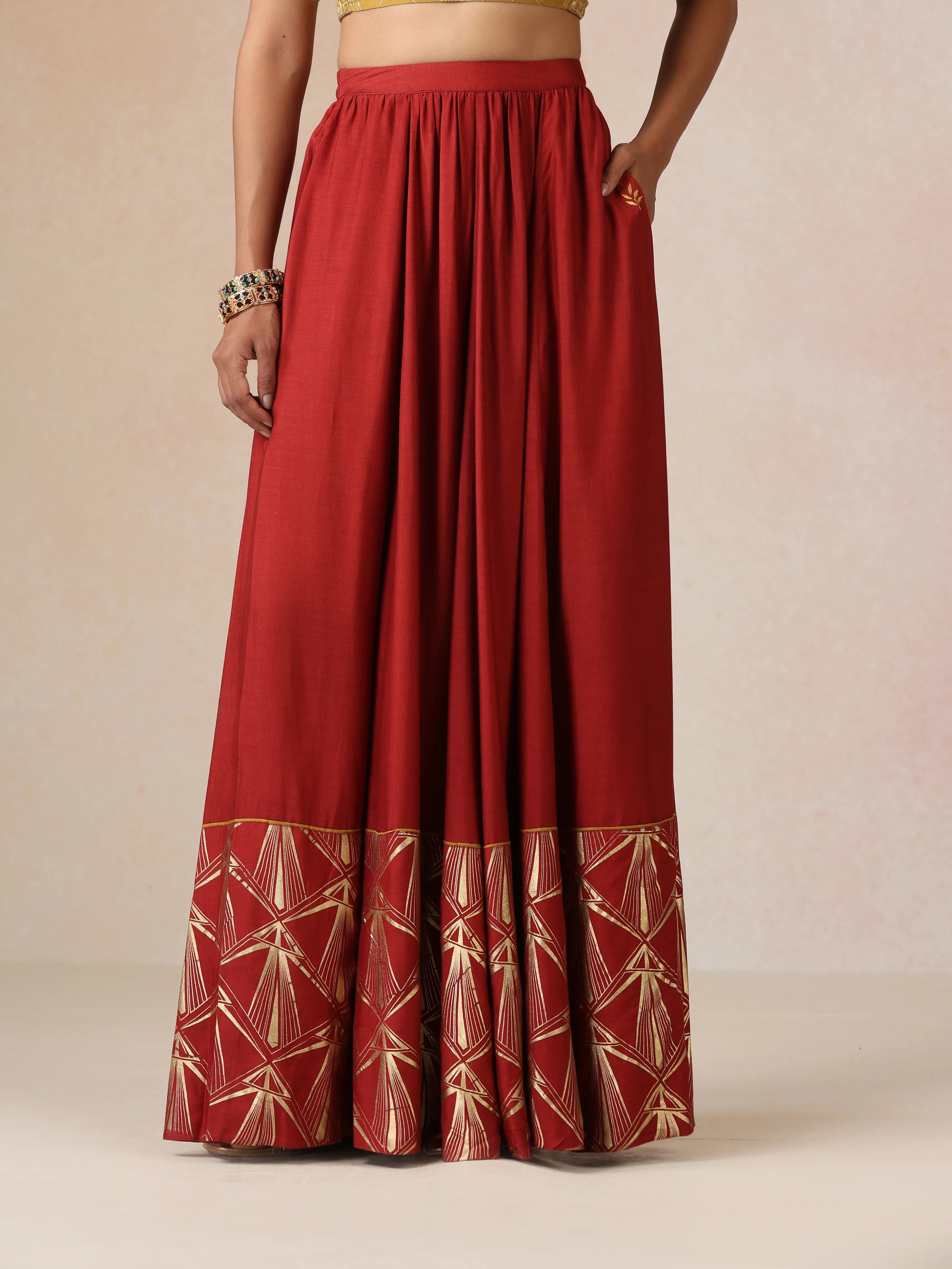 trueBrowns Mustard Gold Foil Print Muslin Silk Blouse Skirt Dupatta Set