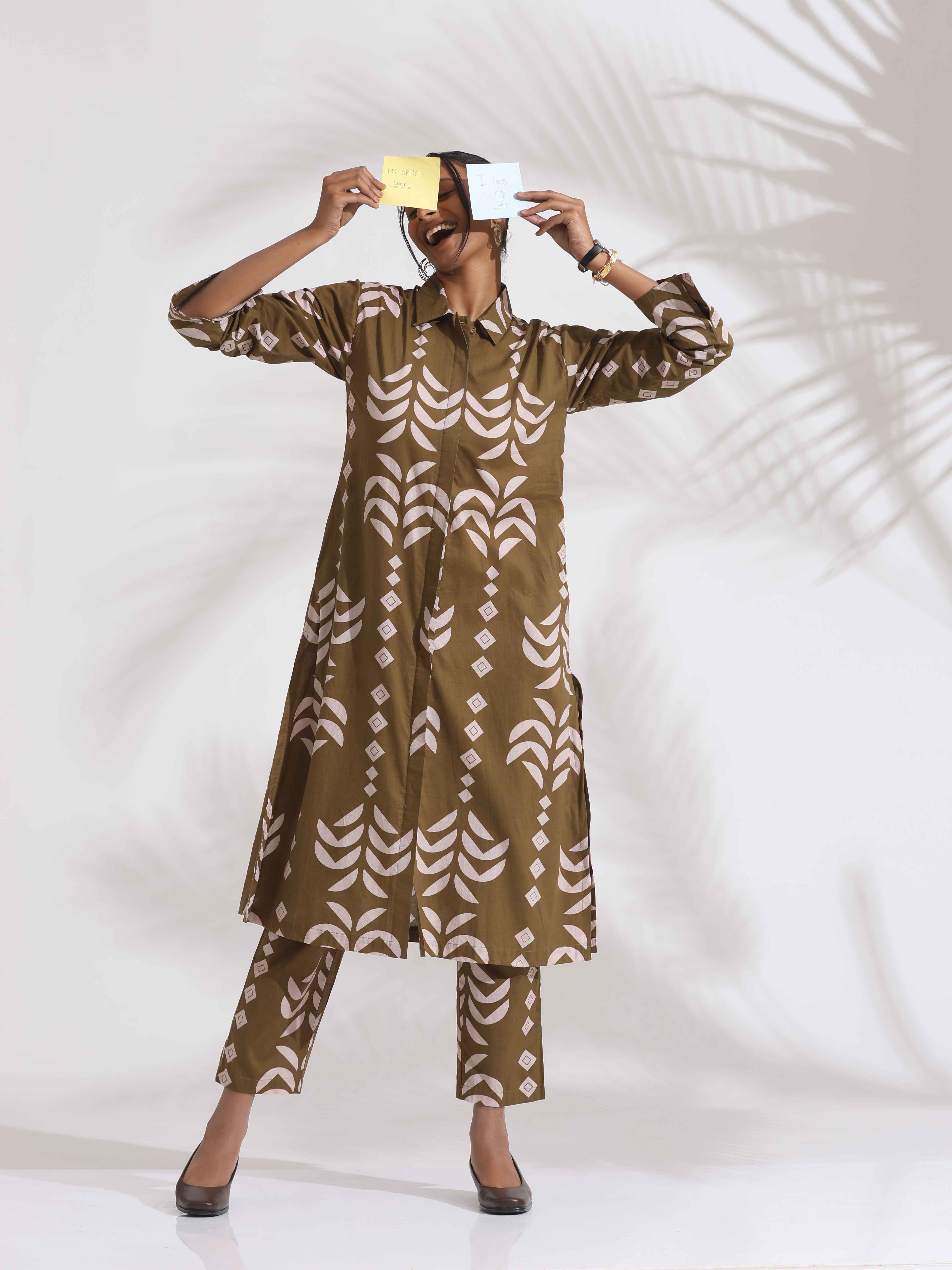 trueBrowns Olive Green Cotton Stripe Print Shirt Kurta Set