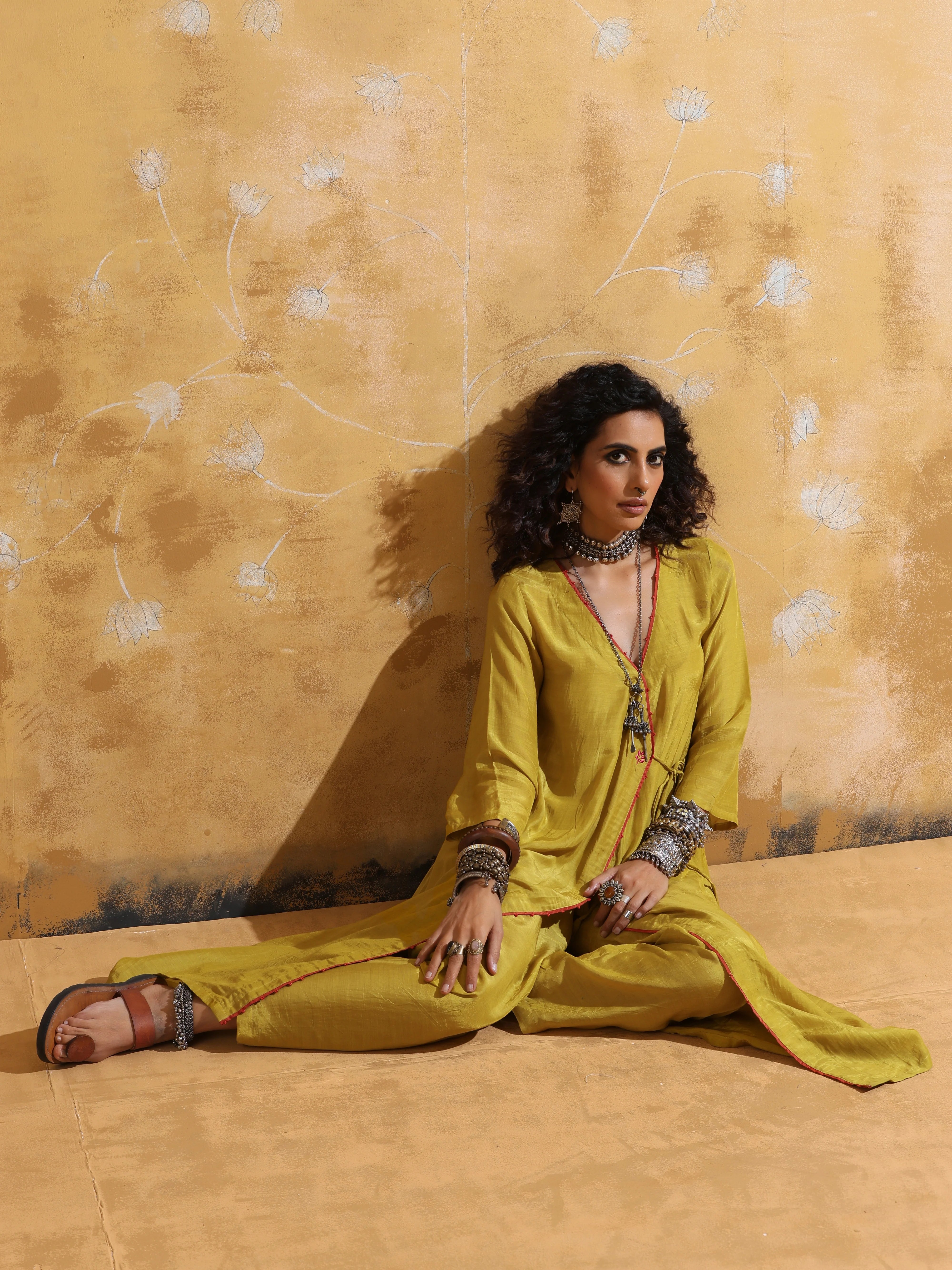 trueBrowns Lime Muslin Silk Angrakha Kurta Pant Set