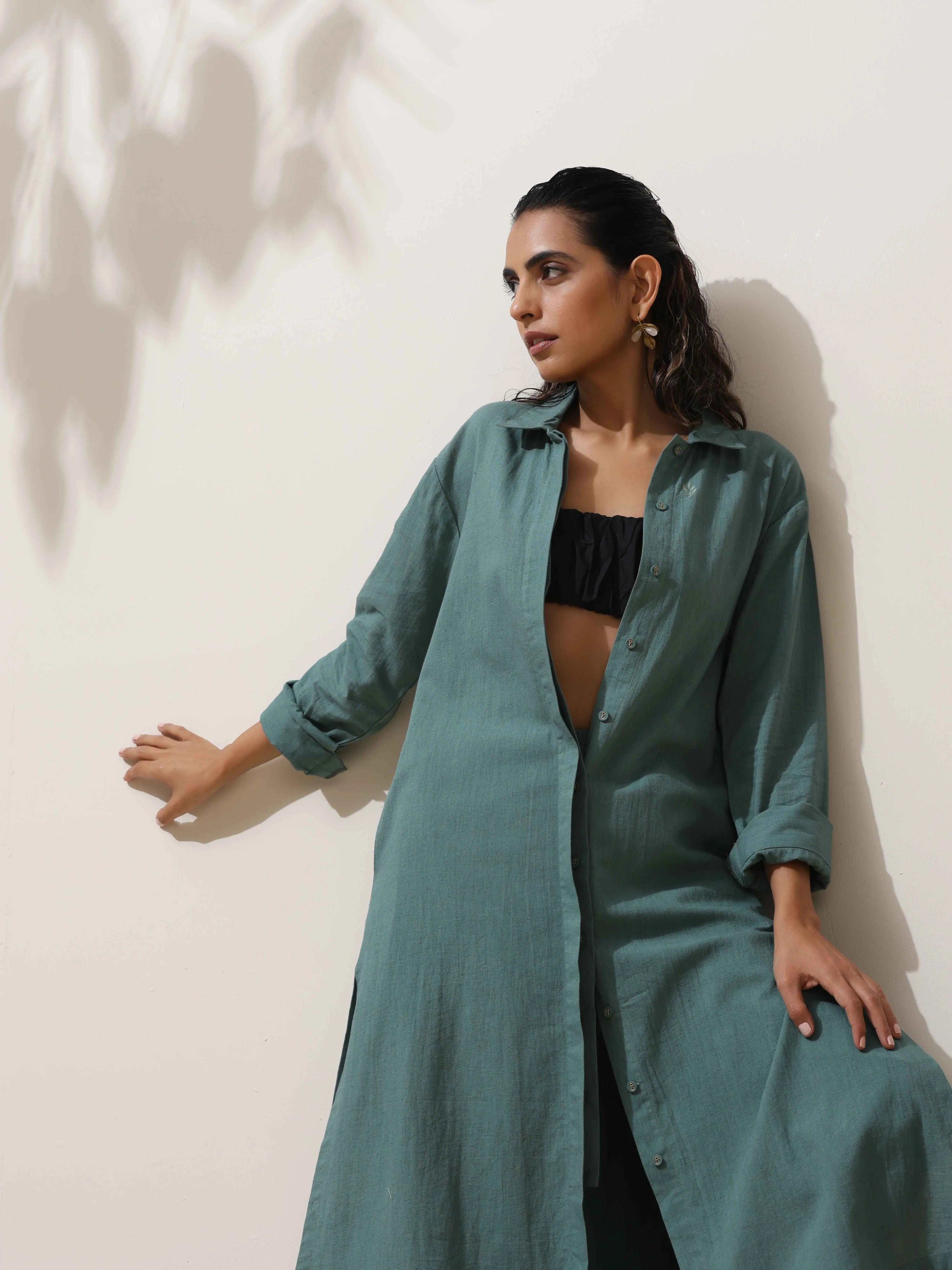 trueBrowns Green Cotton Linen Kurta Pant Set