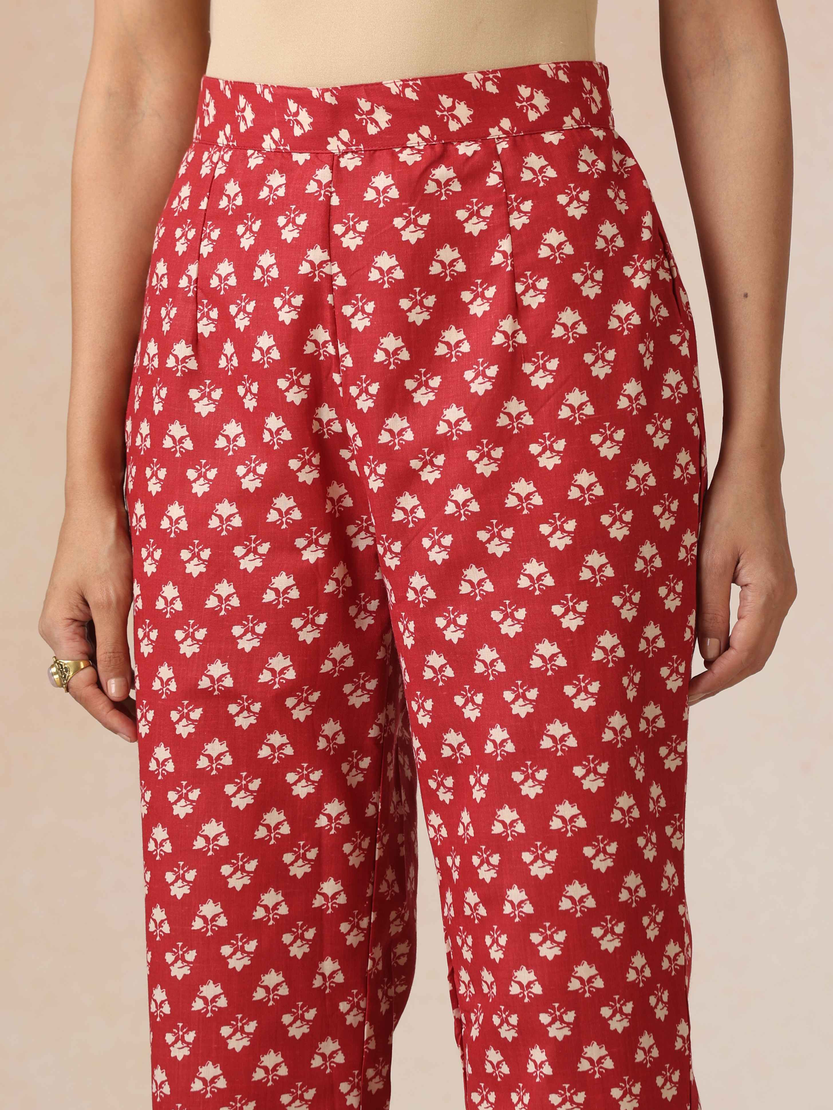 trueBrowns Red Cotton Print A Line Kurta 3pc Set