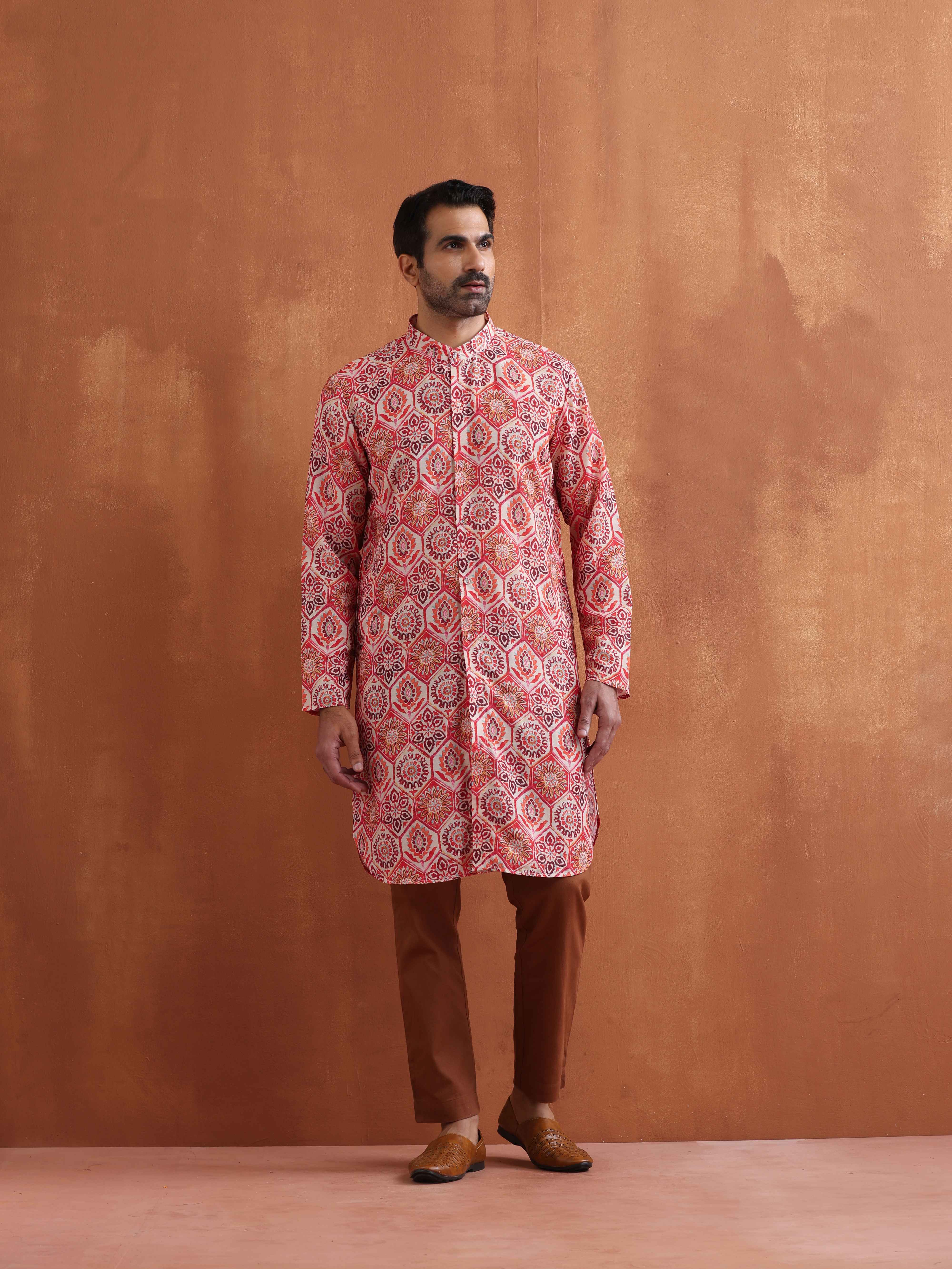 trueBrowns Men's Beige Printed Front Open Kurta