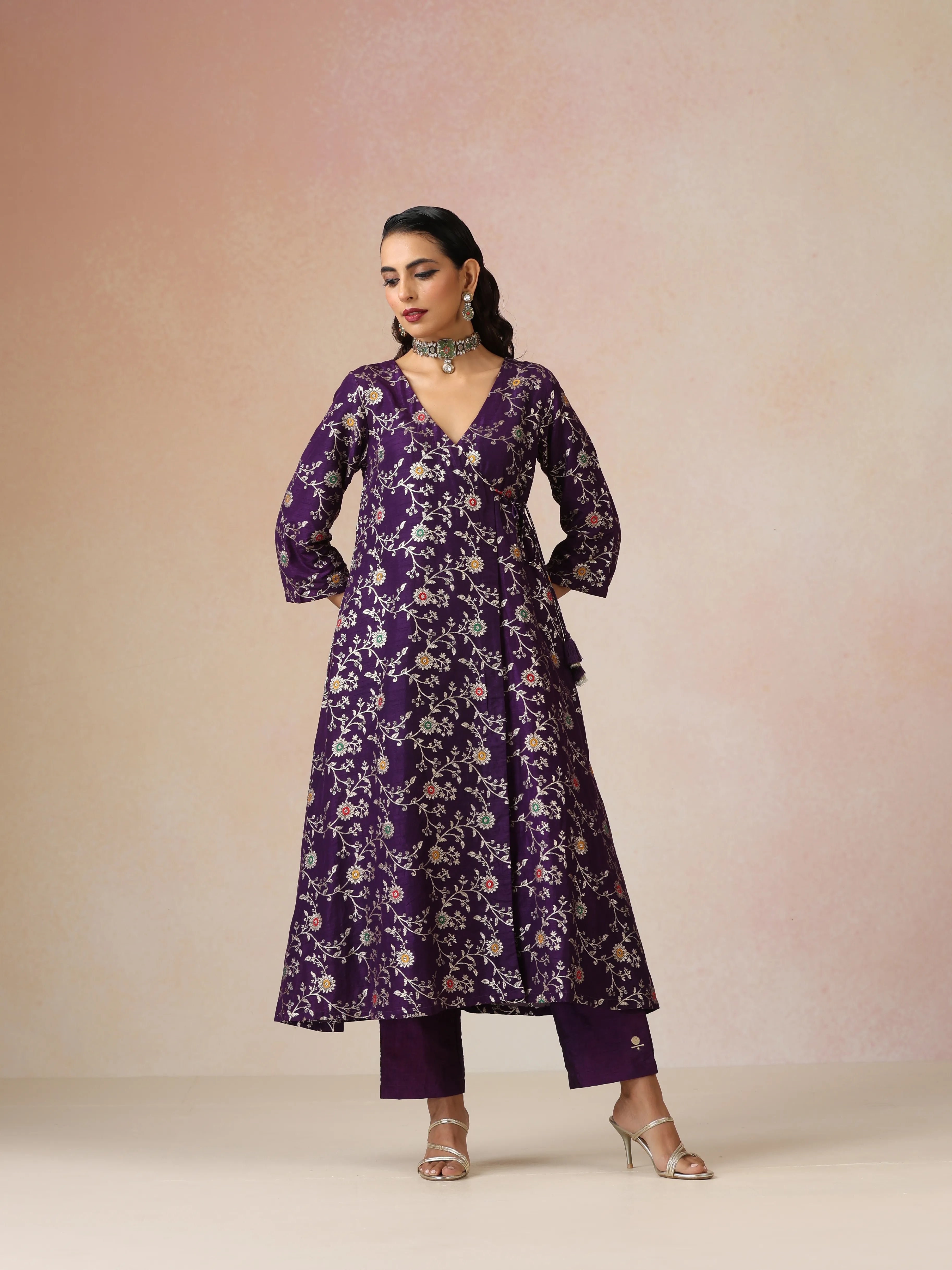  trueBrowns Purple Brocade Angrakha Kurta Set