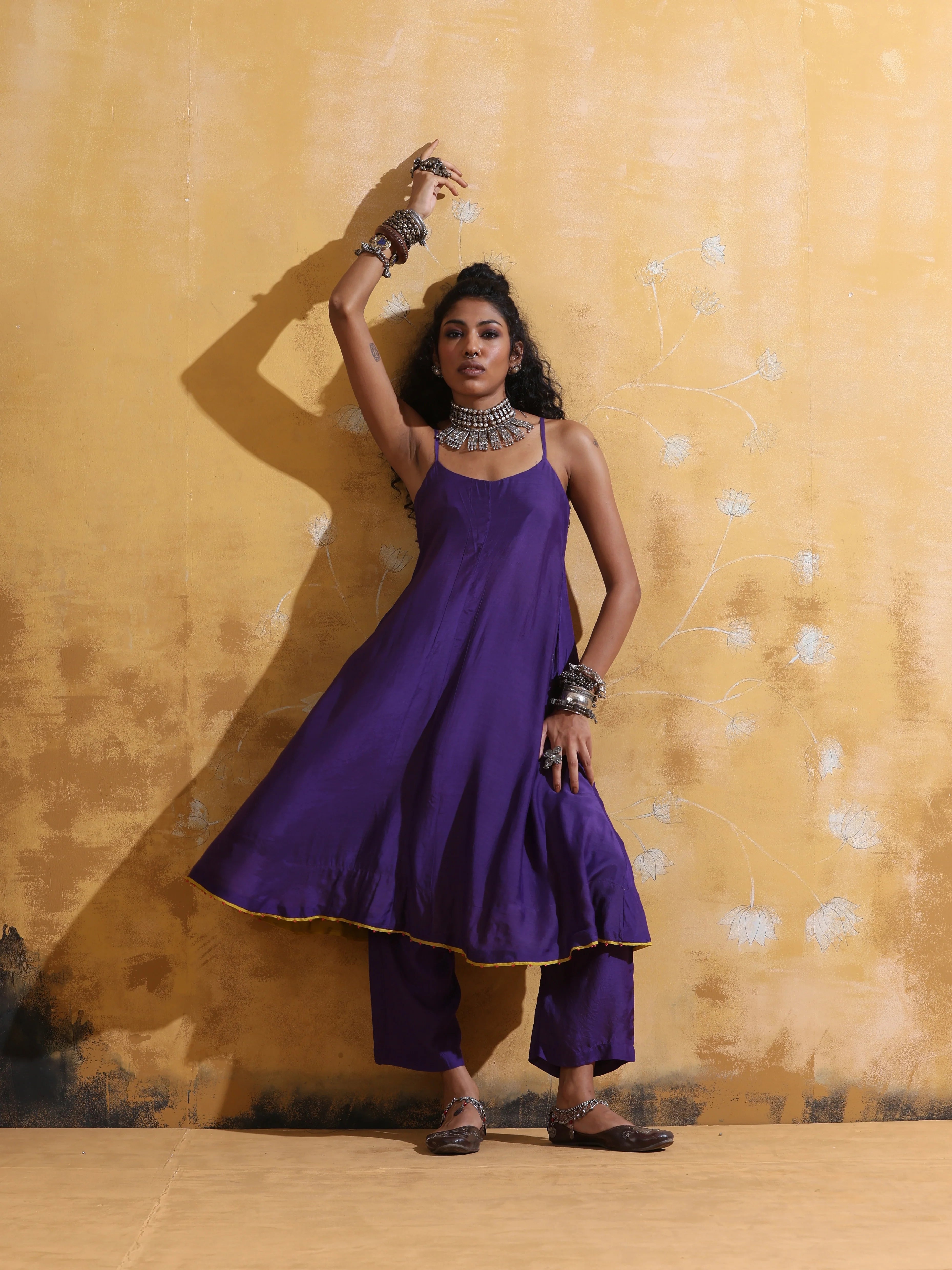 trueBrowns Purple Muslin Silk Flared Kurta Pant Set