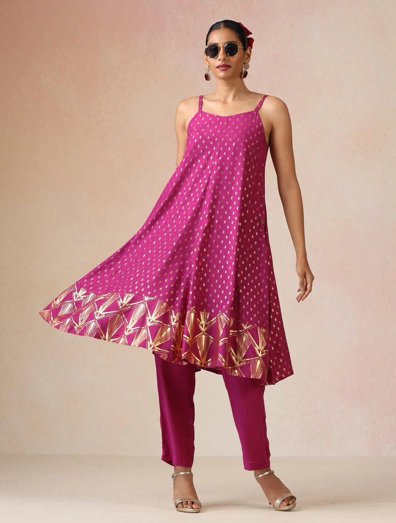 trueBrowns Pink Gold Foil Print Muslin Silk Flared Kurta Set