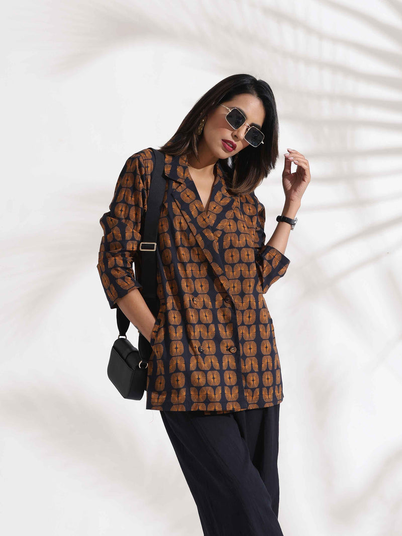 trueBrowns Black Cotton Print Jacket Top Co-ord Set