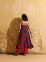 trueBrowns Red Teal Jaal Print Muslin Silk Flared Kurta Set