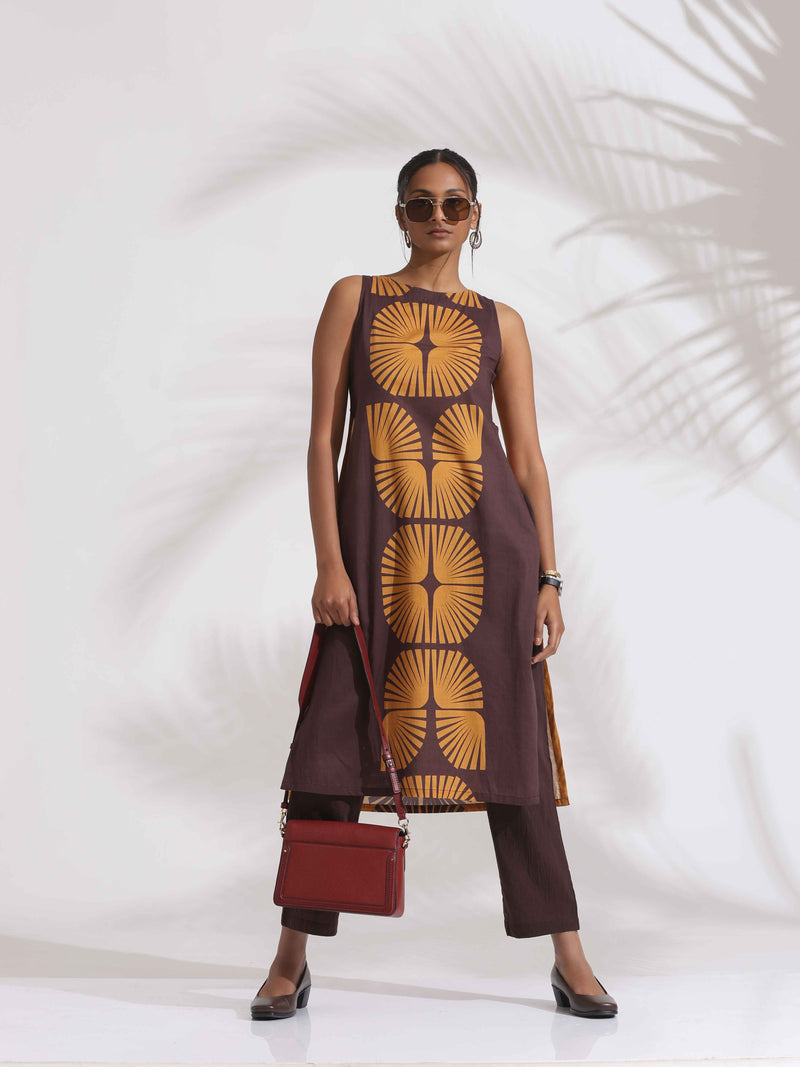 trueBrowns Brown Cotton Print Sleeveless Kurta Set