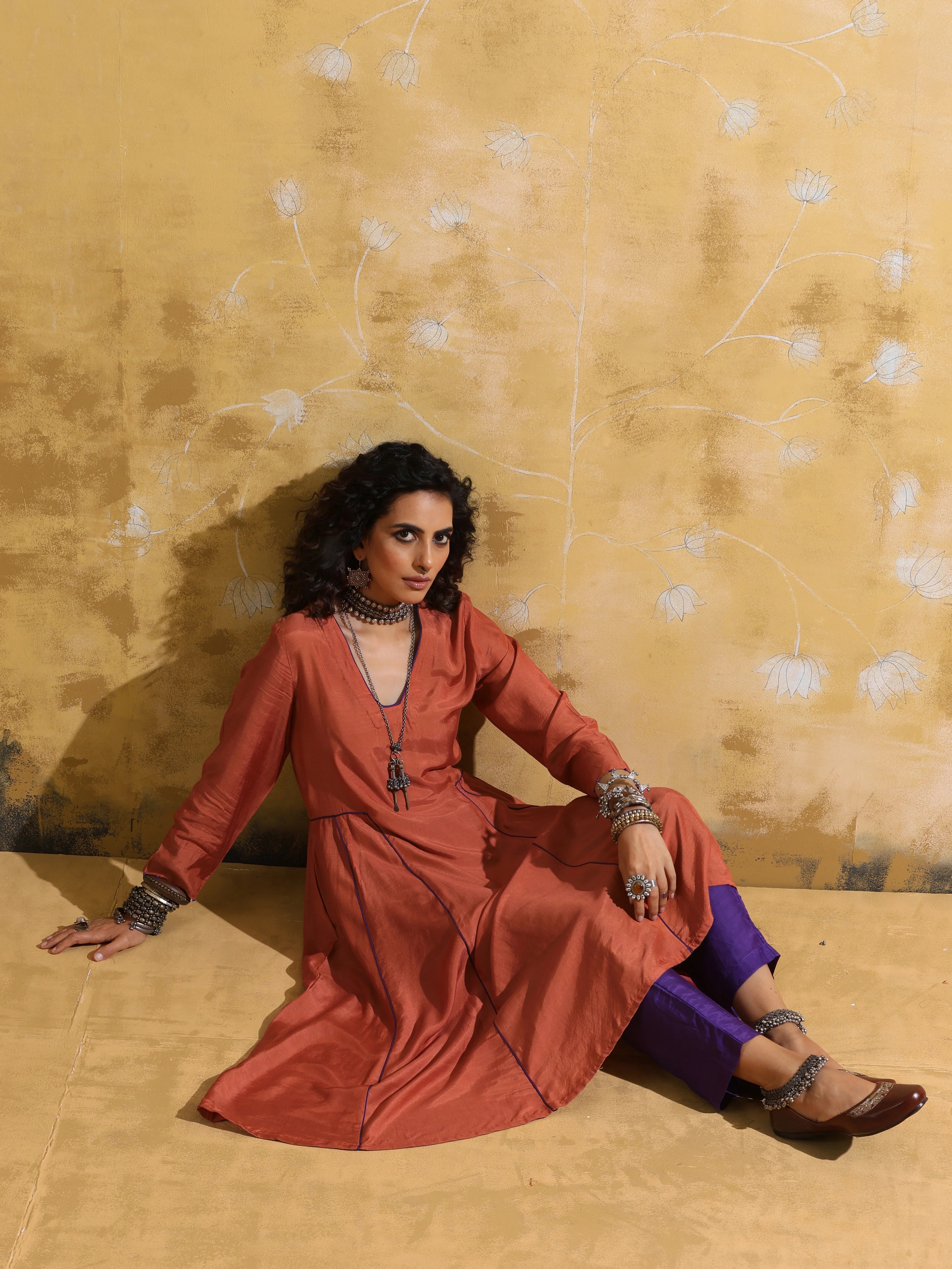 trueBrowns Rust Muslin Silk Fit and Flare Kurta Pant Set