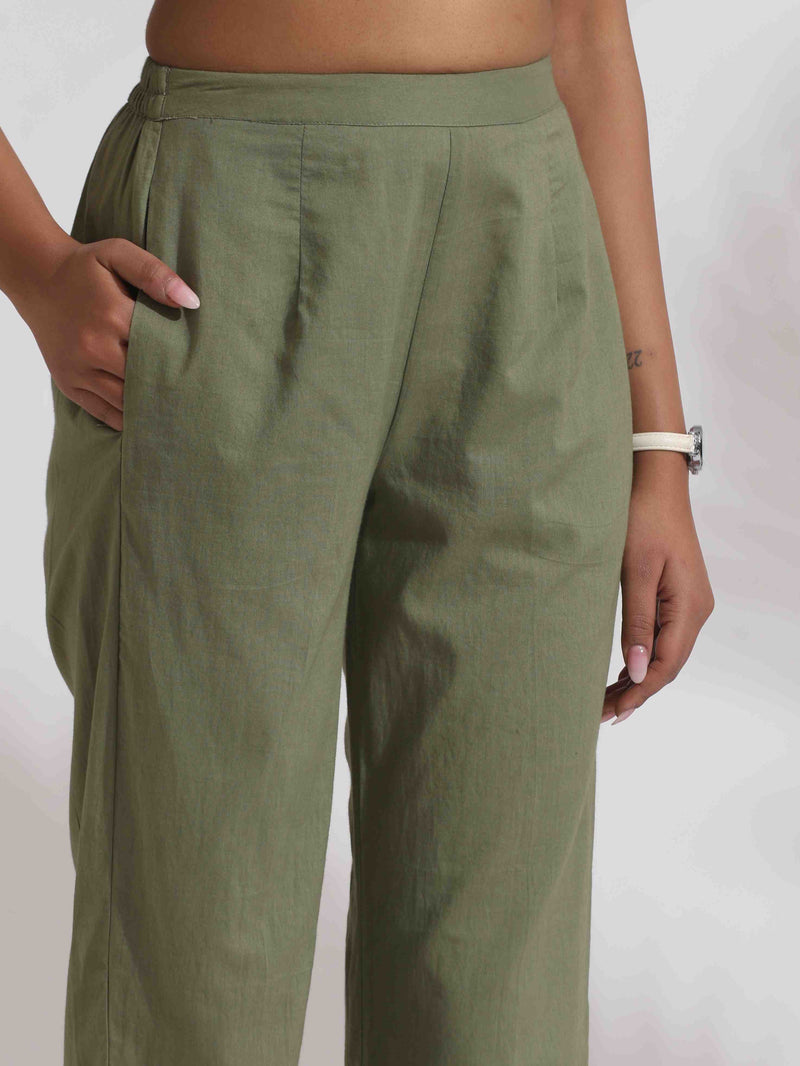 trueBrowns Olive Green Cotton Floral Embroidered Co-ord Set