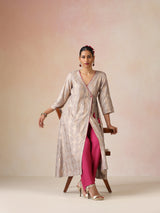 trueBrowns Grey Rose-Gold Foil Print Angrakha Kurta Set