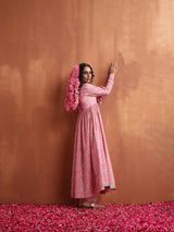 trueBrowns Pink Print Flared Anarkali Kurta Set