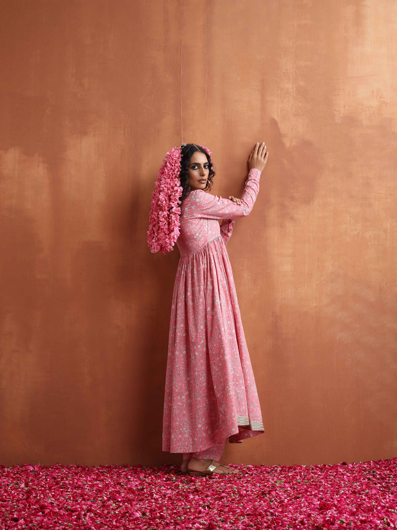 trueBrowns Pink Print Flared Anarkali Kurta Set