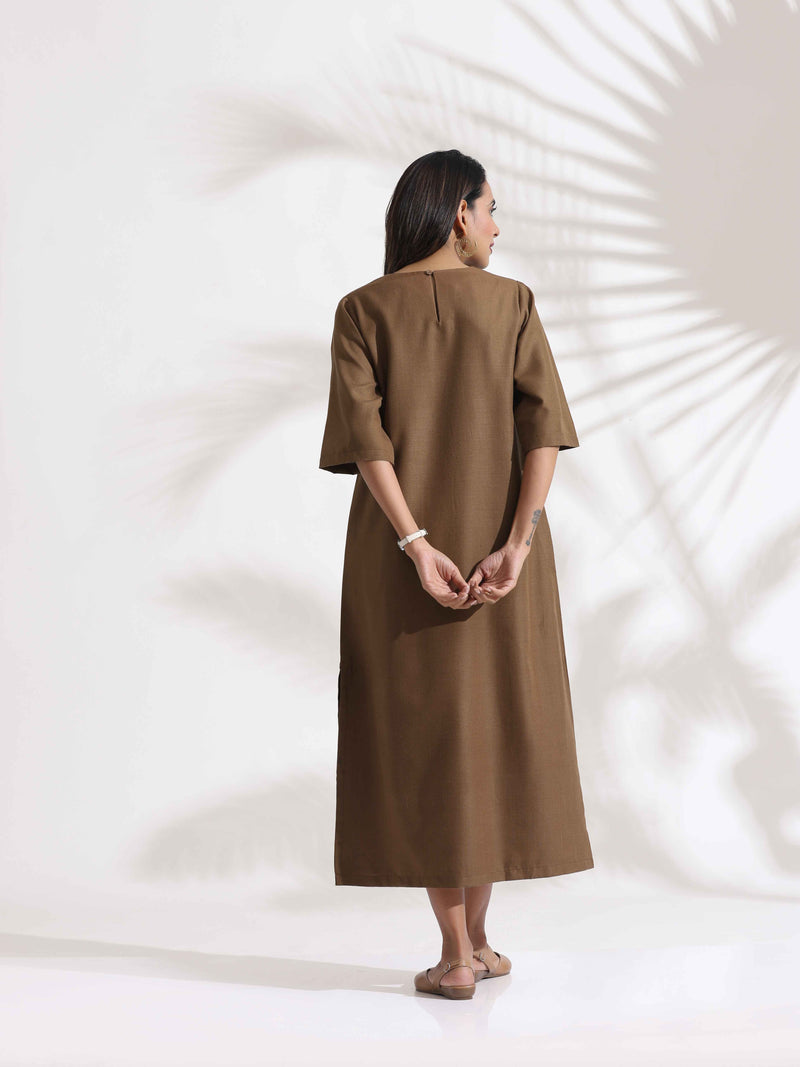 trueBrowns Brown Slub Dress