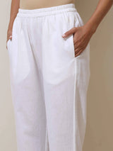 trueBrowns Off White Cotton Linen Angrakha Kurta Pant Set