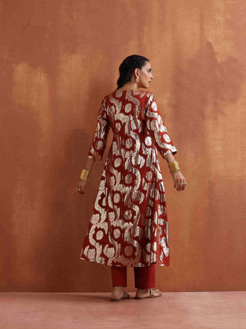 trueBrowns Rust Metallic Angrakha Kurta Set