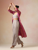 trueBrowns Grey and Pink Gold Foil Print Muslin Silk Jacket Set
