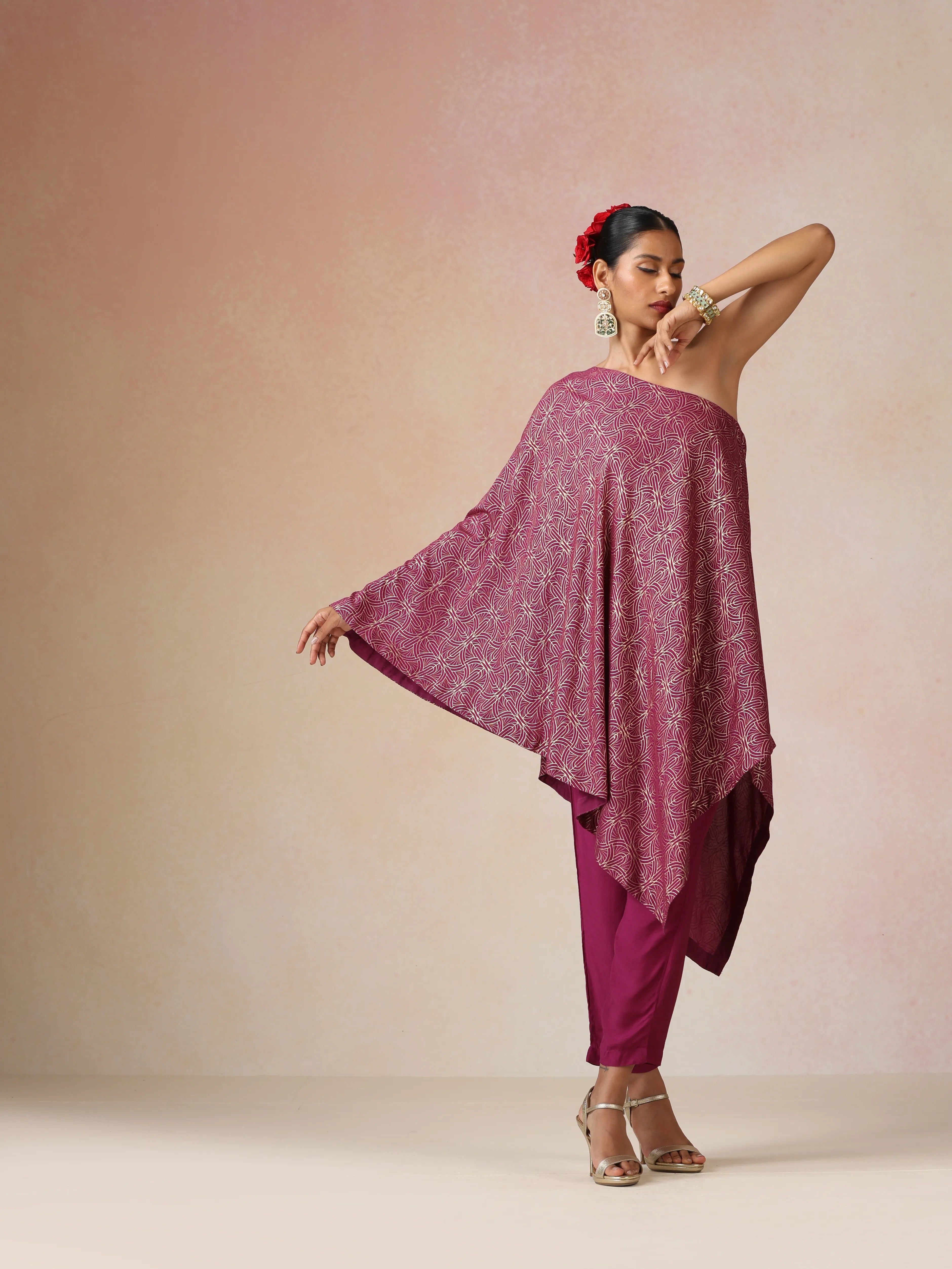 trueBrowns Magenta Gold Foil Print Muslin Silk Asymmetric One-Shoulder Kurta Co-ord Set