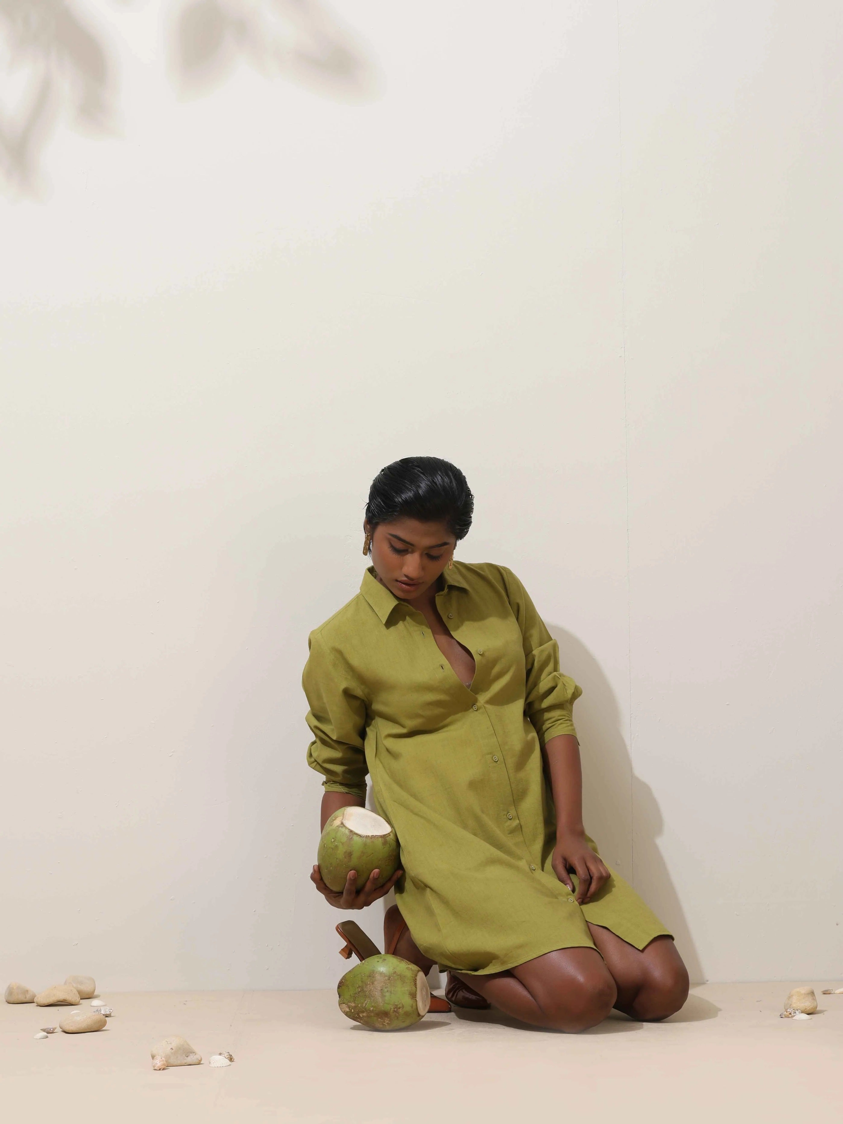 trueBrowns Pear Green Cotton Linen Dress