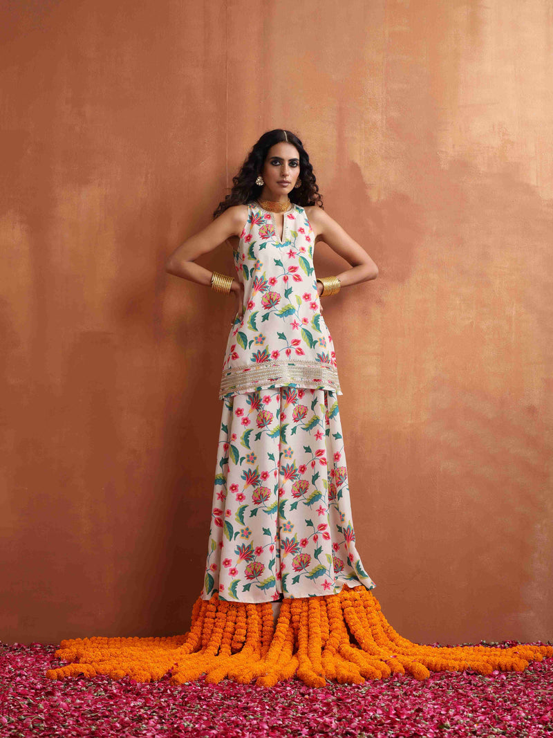 trueBrowns Off White Print Sharara Set