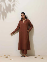 trueBrowns Brown Cotton Linen Kurta  Pant Set