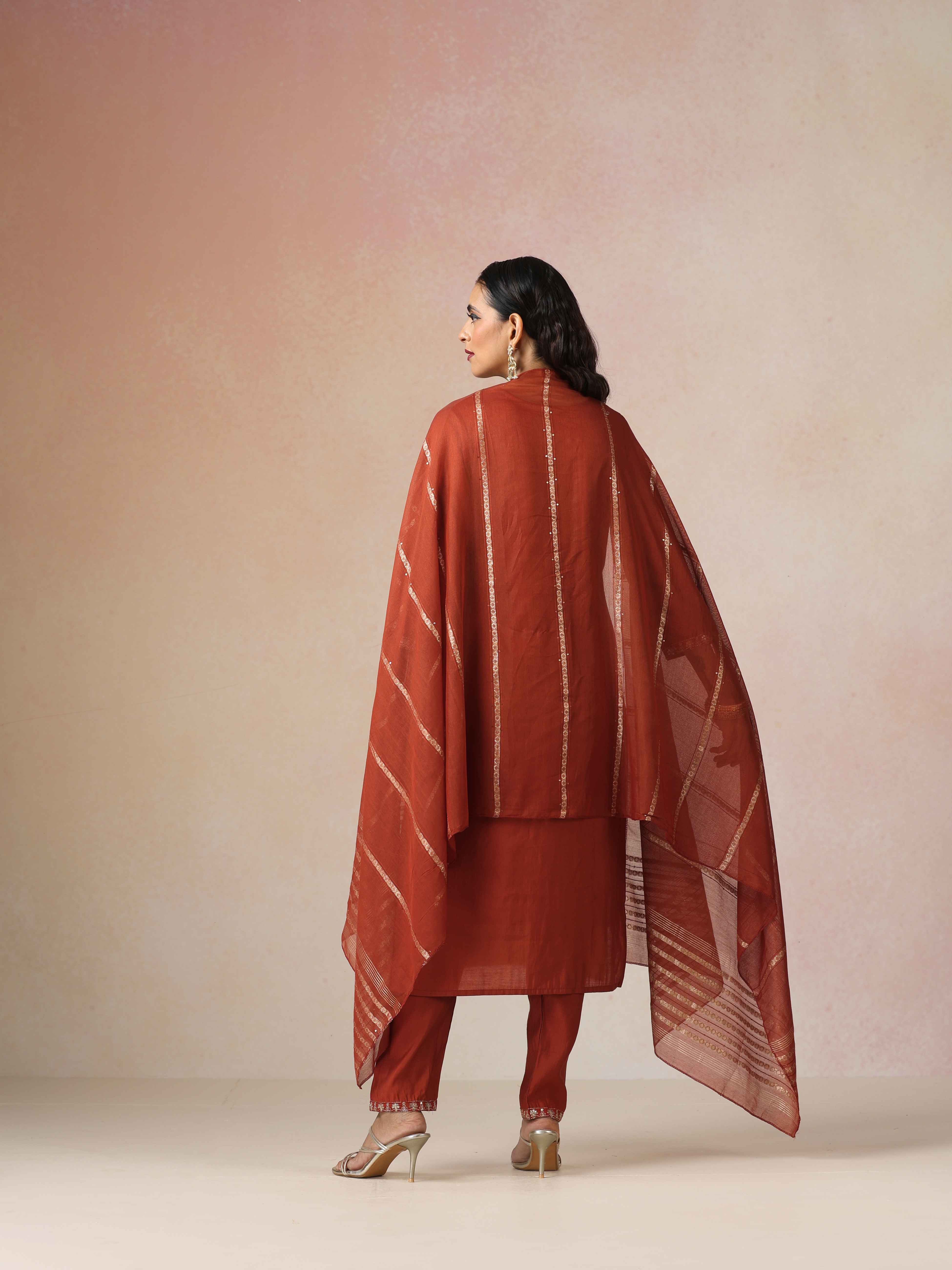 trueBrowns Rust Zari Embroidered Straight Kurta 3pc Set