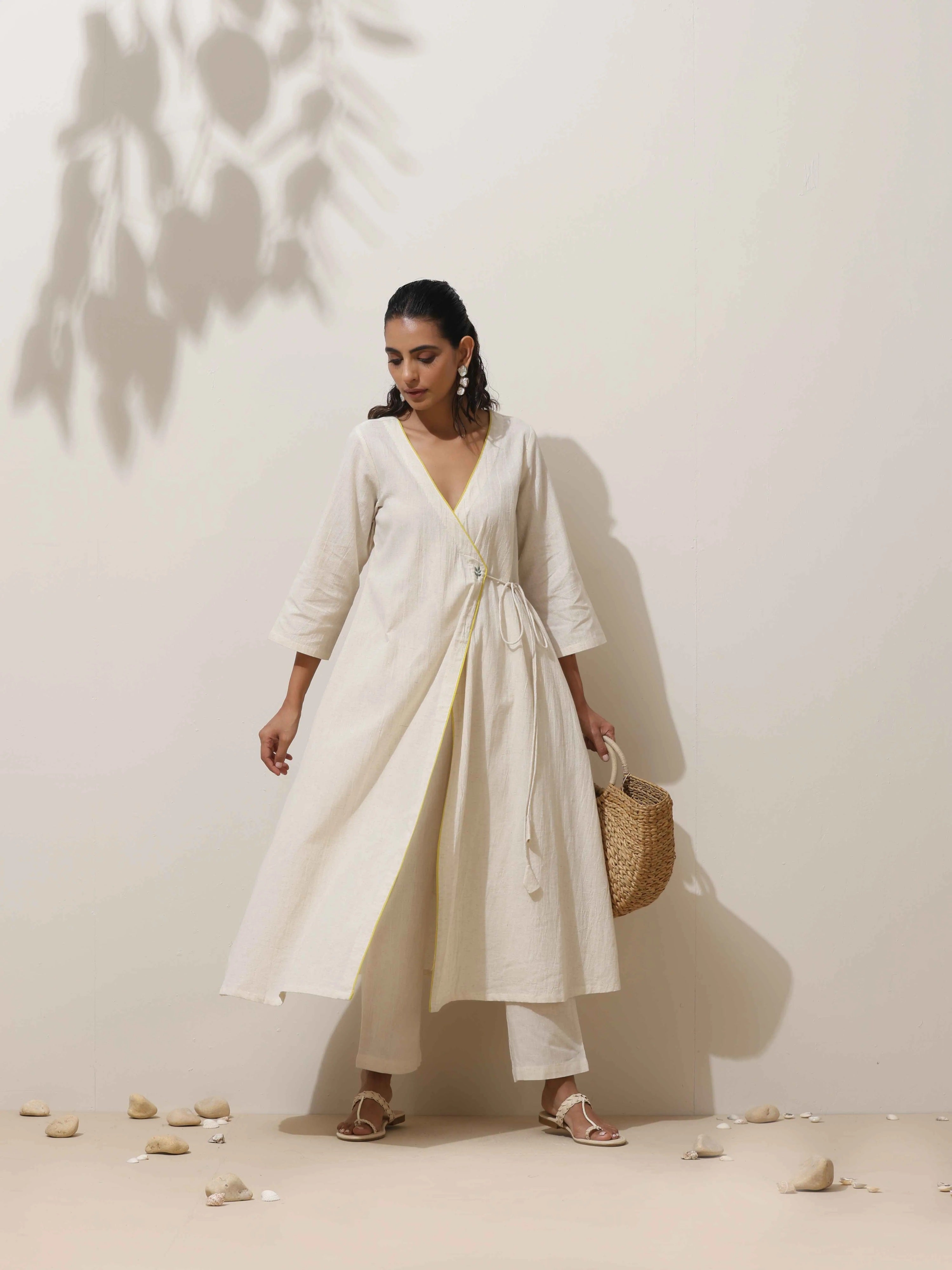 trueBrowns Off White Cotton Linen Angrakha Kurta Pant Set