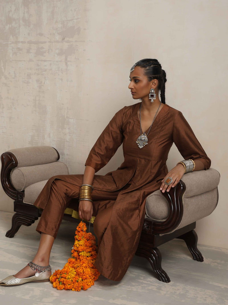 trueBrowns Brown Silk Slit Kurta Set