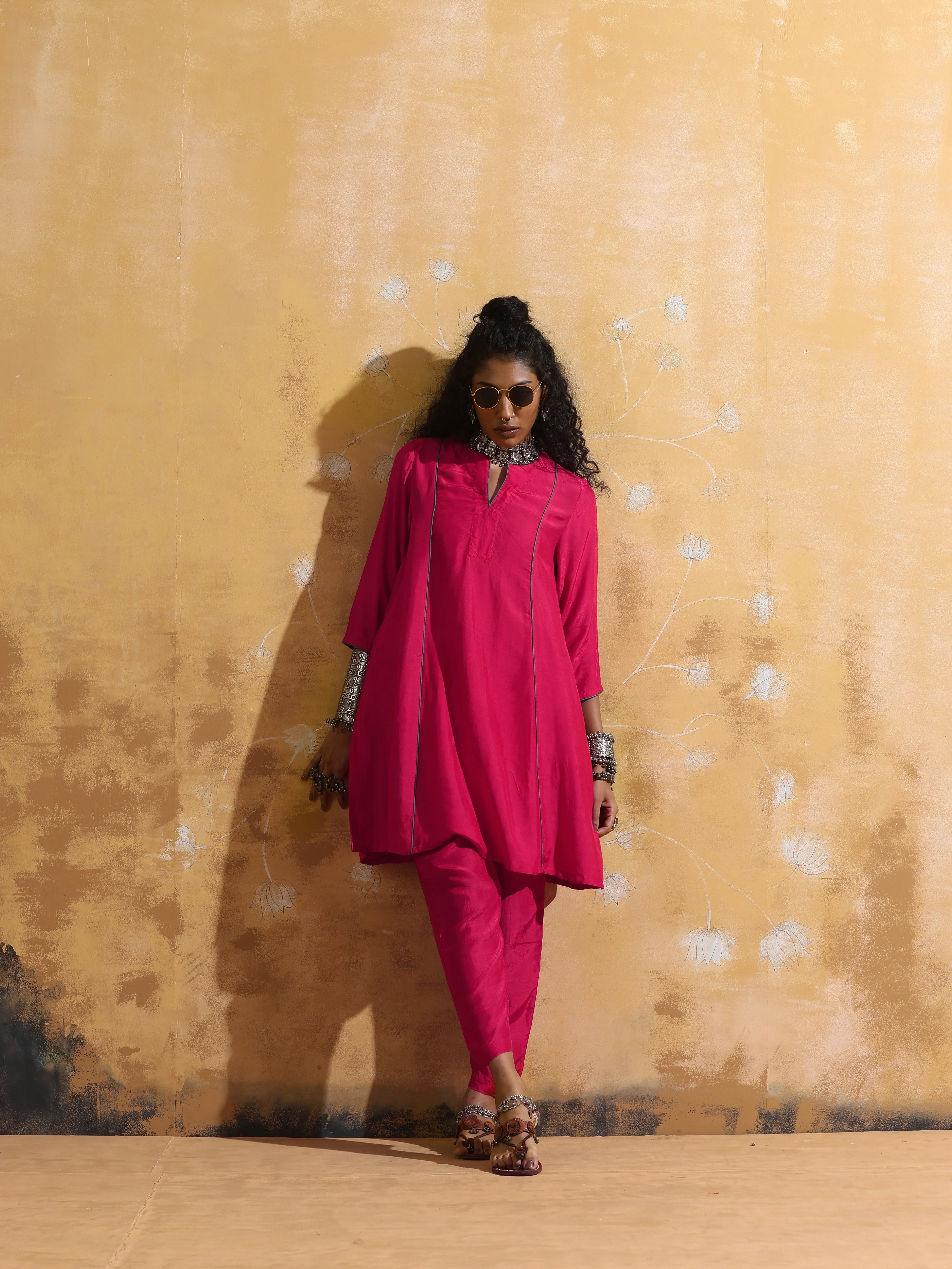 trueBrowns Pink Muslin Silk A-Line Kurta Co-ord Set