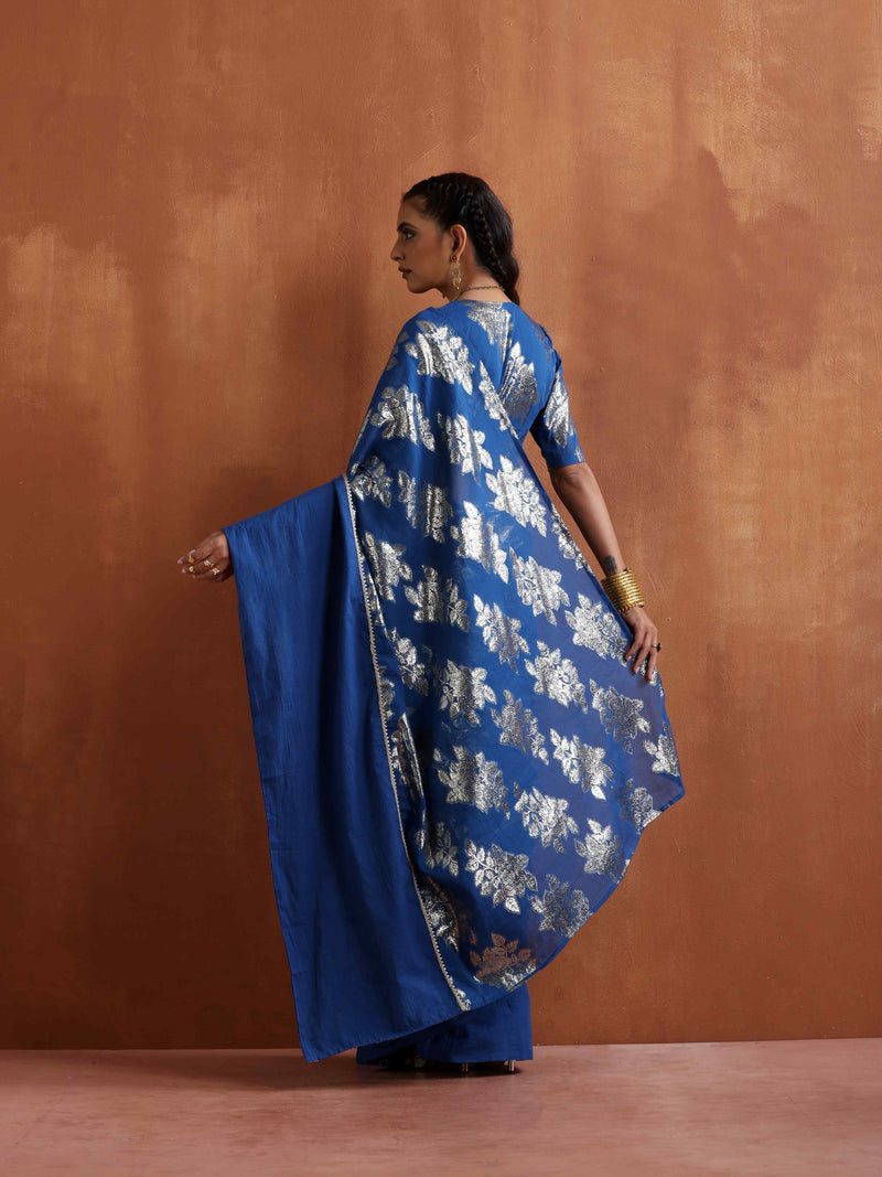 trueBrowns Blue Metallic Ready To Wear Saree