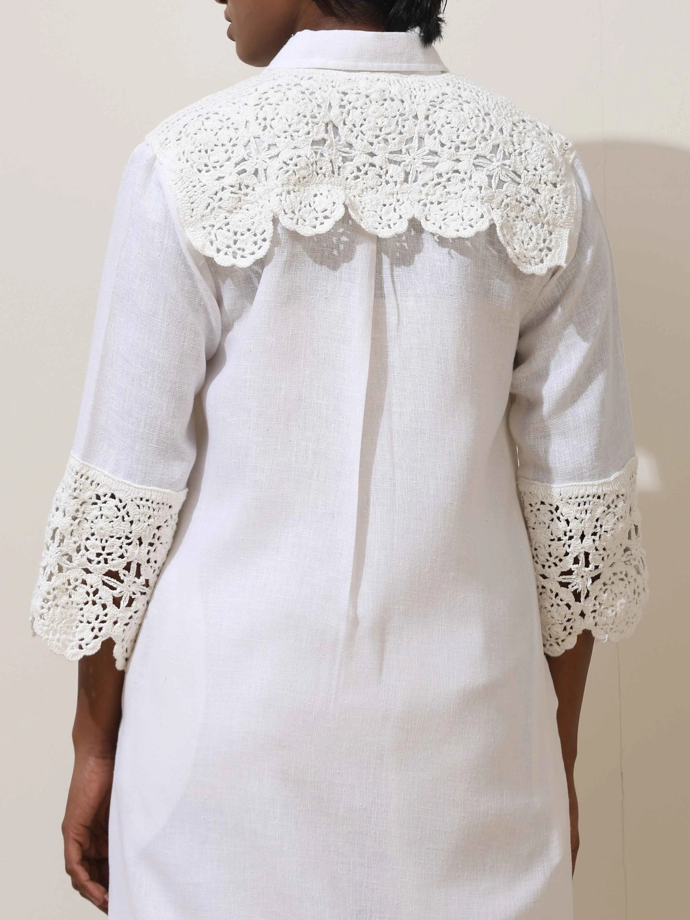 trueBrowns Luna White Crochet Natural Cotton Kurta Pant Set