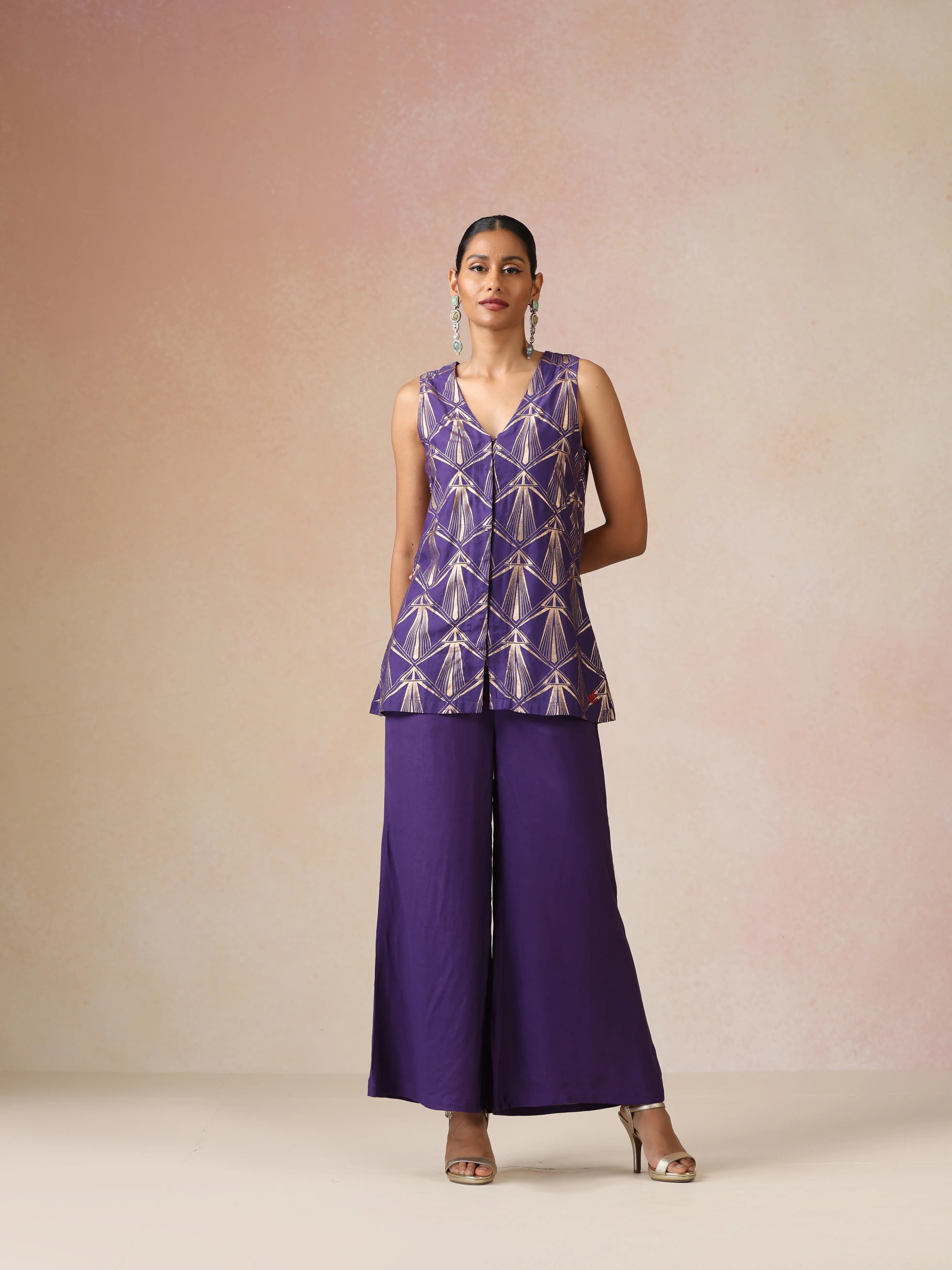 trueBrowns Purple Rose-Gold Foil Print Jacket and Flared Pants Co-ord Set