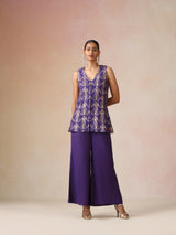 trueBrowns Purple Rose-Gold Foil Print Jacket and Flared Pants Co-ord Set