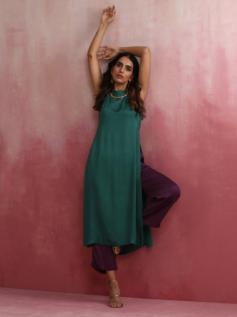 trueBrowns Green Modal High slit Kurta Set