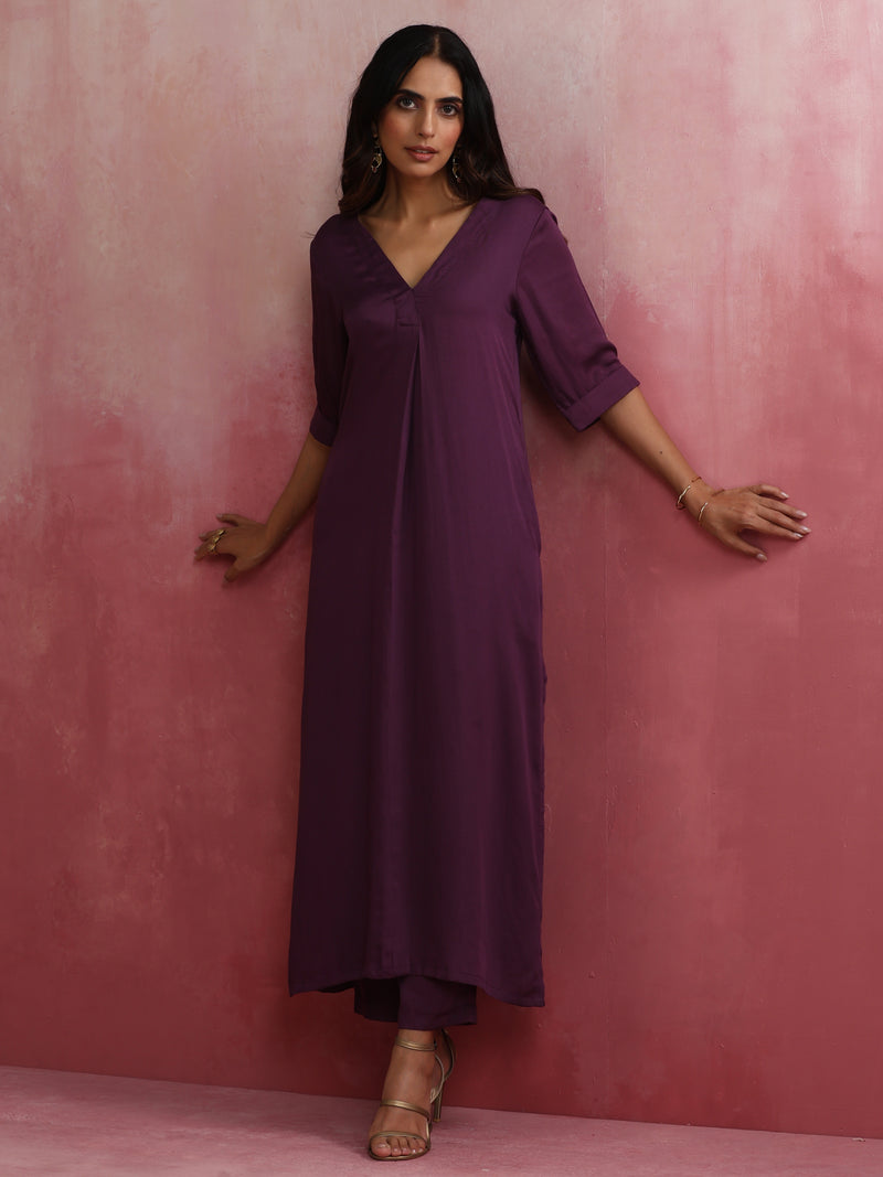 trueBrowns Purple Modal Pleated Kurta Set