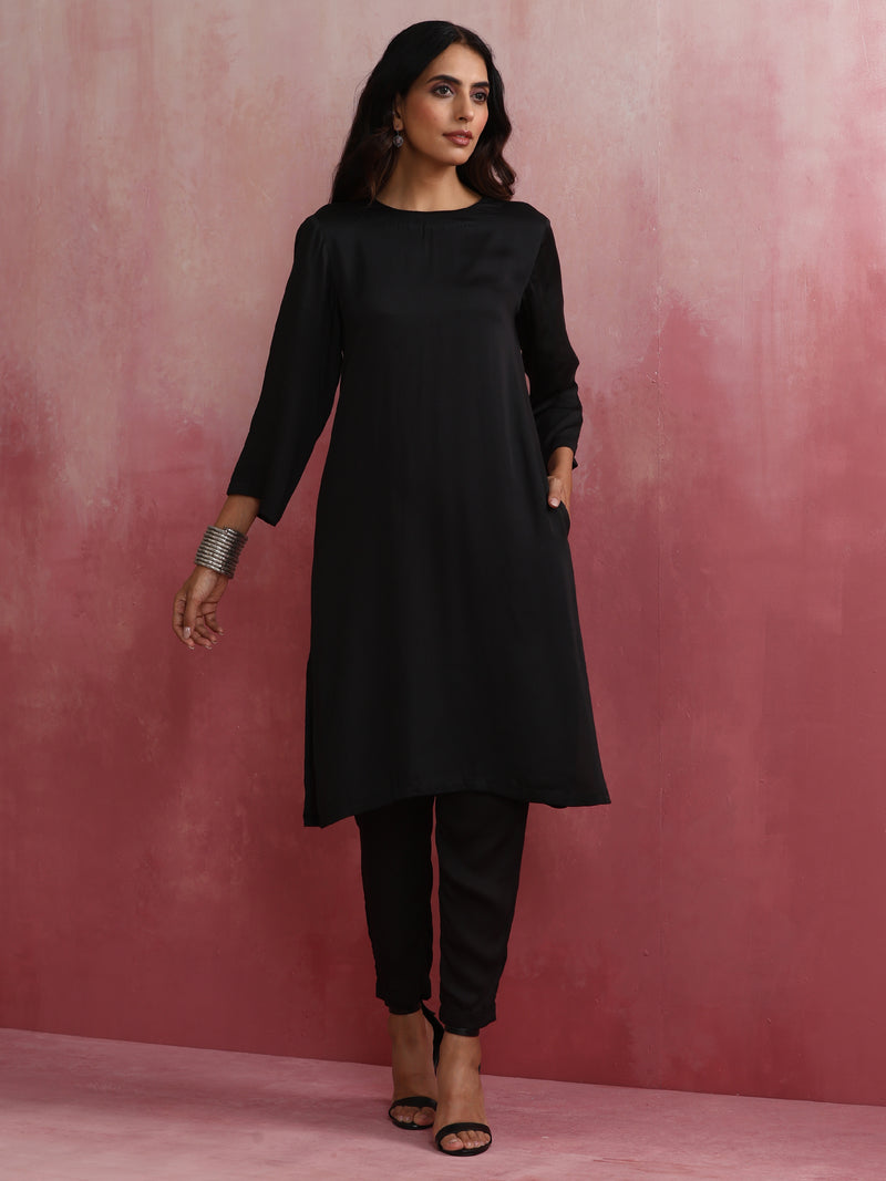 trueBrowns Black Modal Round Neck Kurta Co-ord Set